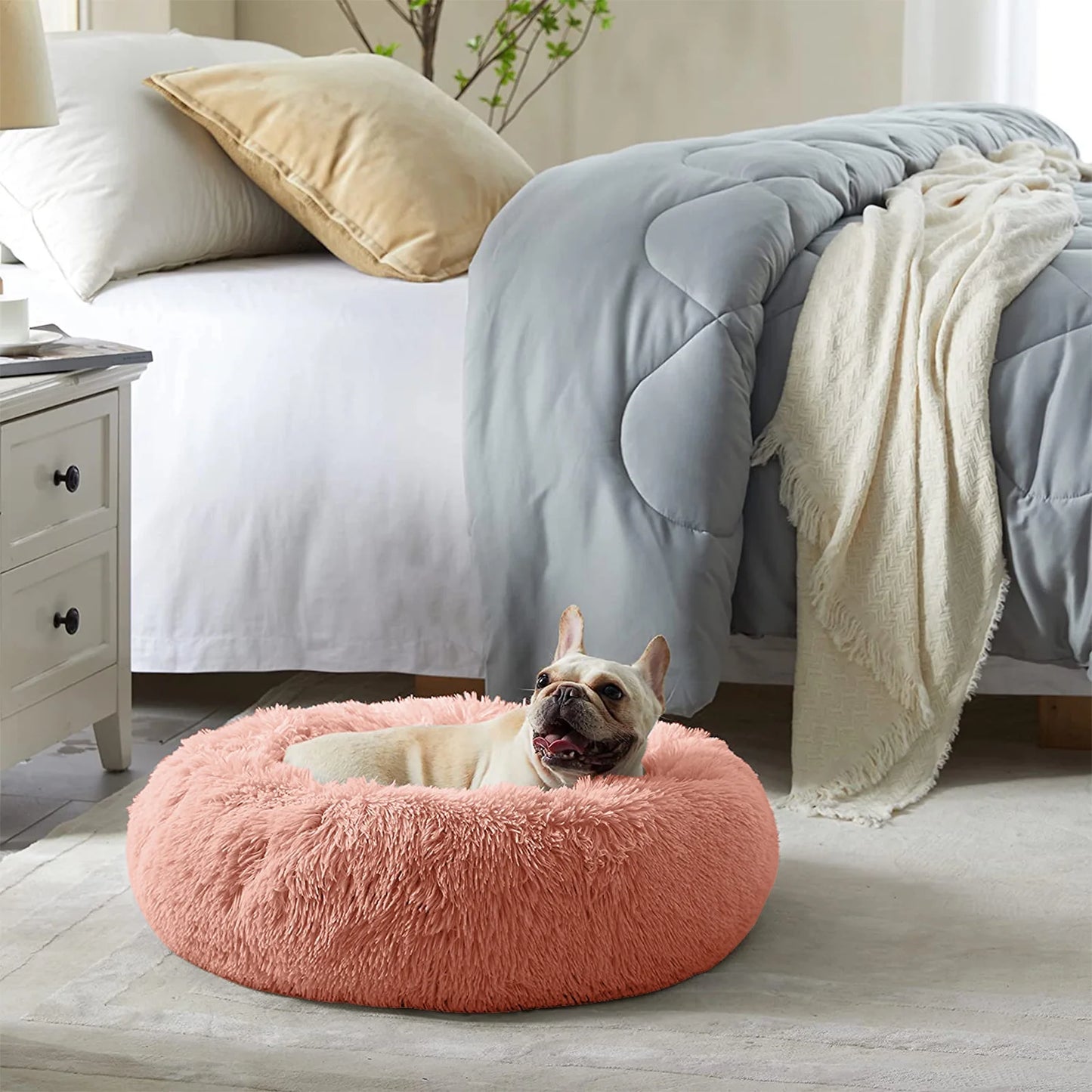 27In Calming Donut Dog Bed Anti-Anxiety, Self Warming, Cozy Soft Plush round Pet Bed Indoor, Ideal for Both Home & Travel, Size 27”X27”X8” Pink