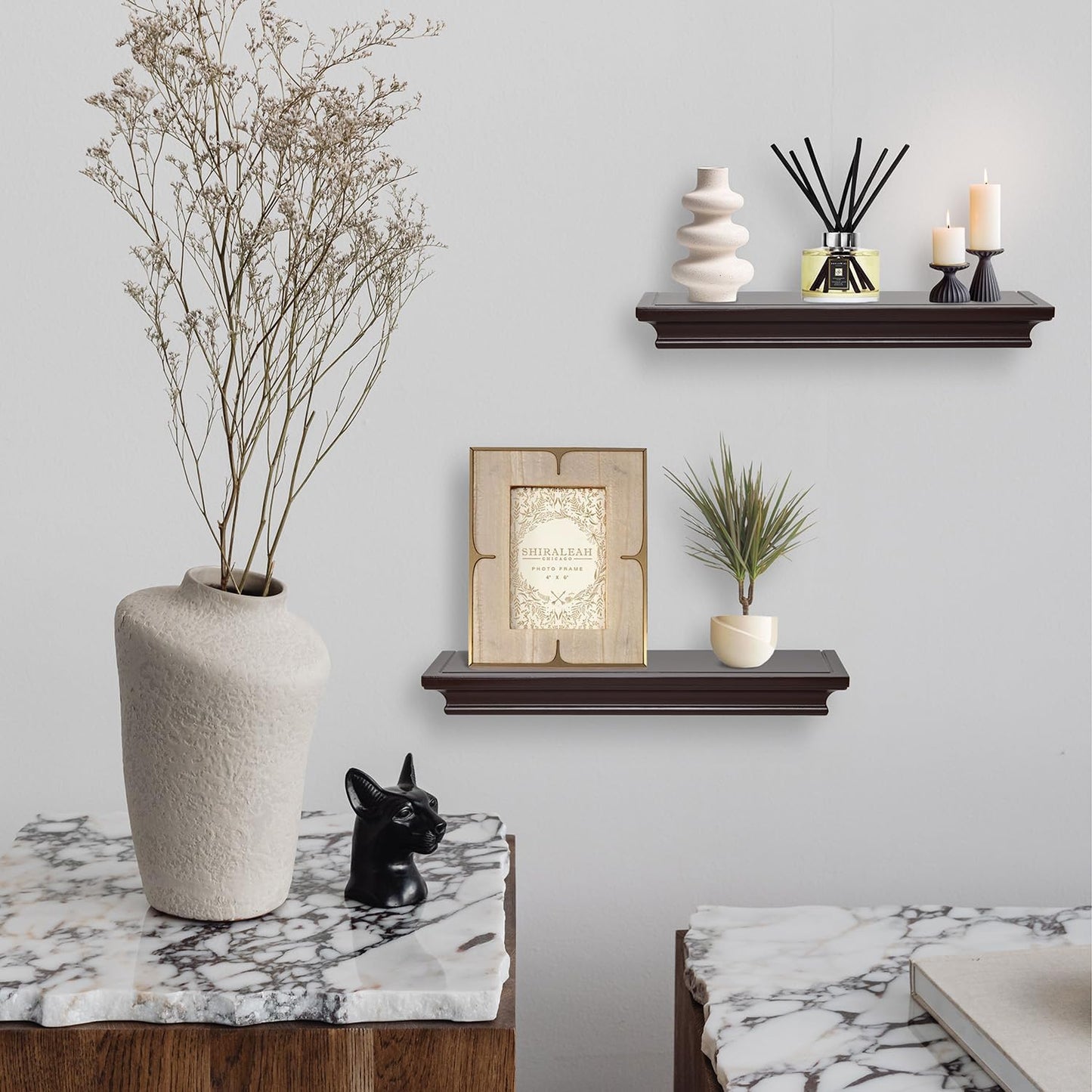 Elegant Floating Shelves, Decorative Wall Shelves for Home Organization and Display in Bedroom, Kitchen, Livingroom and Office, Espresso Brown, Set of 2