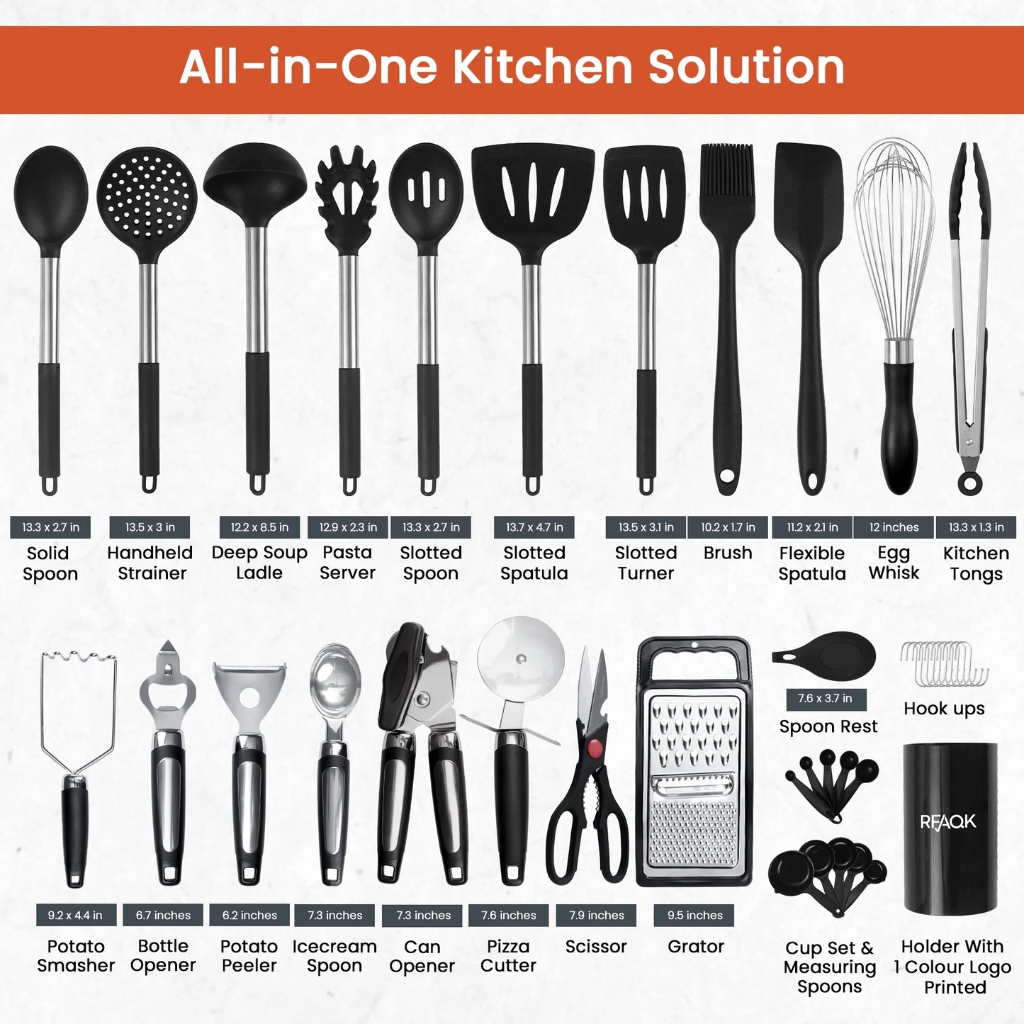 Silicone Kitchen Cooking Utensil Set with Holder, 40Pcs Heat Resistant Set for Nonstick Cookware, Kitchen Gadgets Includes Can Opener, Potato Masher & Peeler, Tongs,Spatulas,Pizza Cutter & More