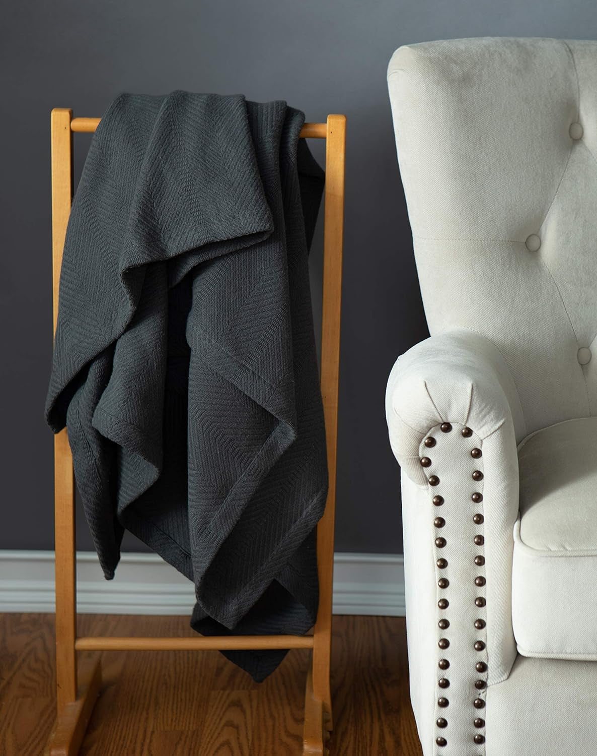 Cotton Throw Blanket, 60 X 50 Inch, Dark Gray Herringbone Weave, Soft Lightweight Woven Blanket for Couch, Boho Farmhouse Style