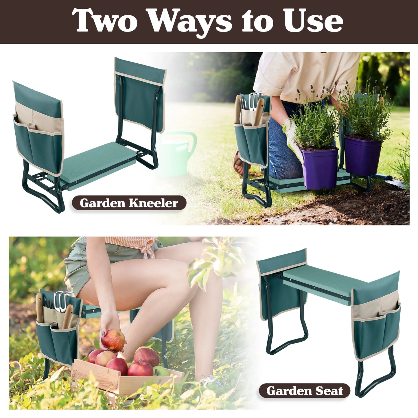 2-In-1 Garden Kneeler & Stool โ Folding Bench with EVA Pad & Tool Pouches, Green/Tan