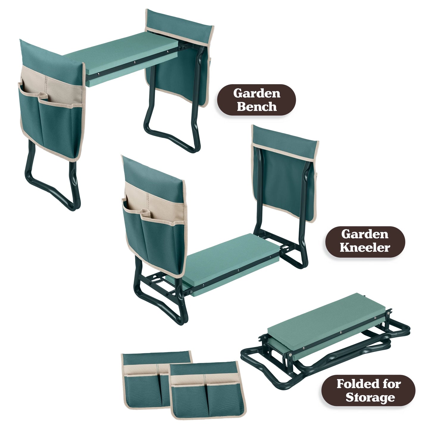 2-In-1 Garden Kneeler & Stool โ Folding Bench with EVA Pad & Tool Pouches, Green/Tan