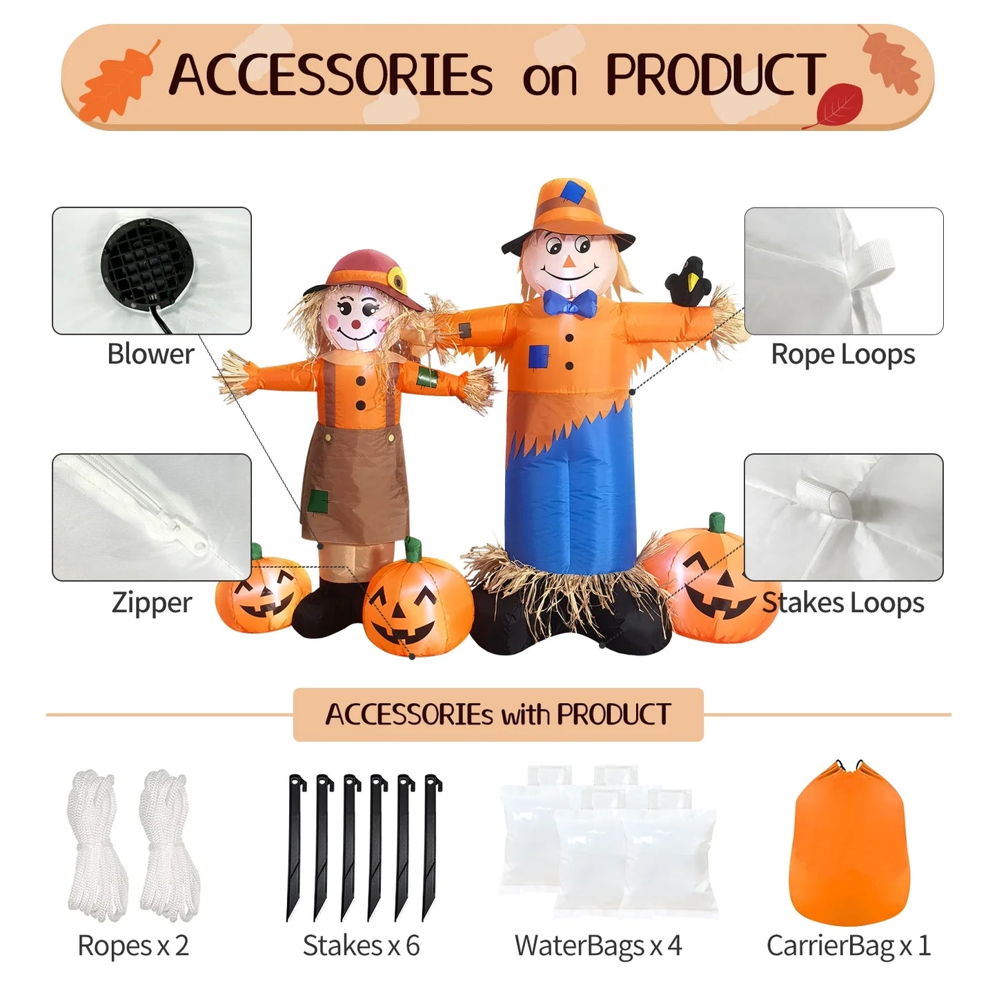 6FT Long Thanksgiving Harvest Inflatable Boy & Girl Scarecrow Outdoor Decoration,Build-In LED Lights Holiday Blow up Yard Decoration for Fall/Thankgiving Party,Garden Yard Lawn Decor