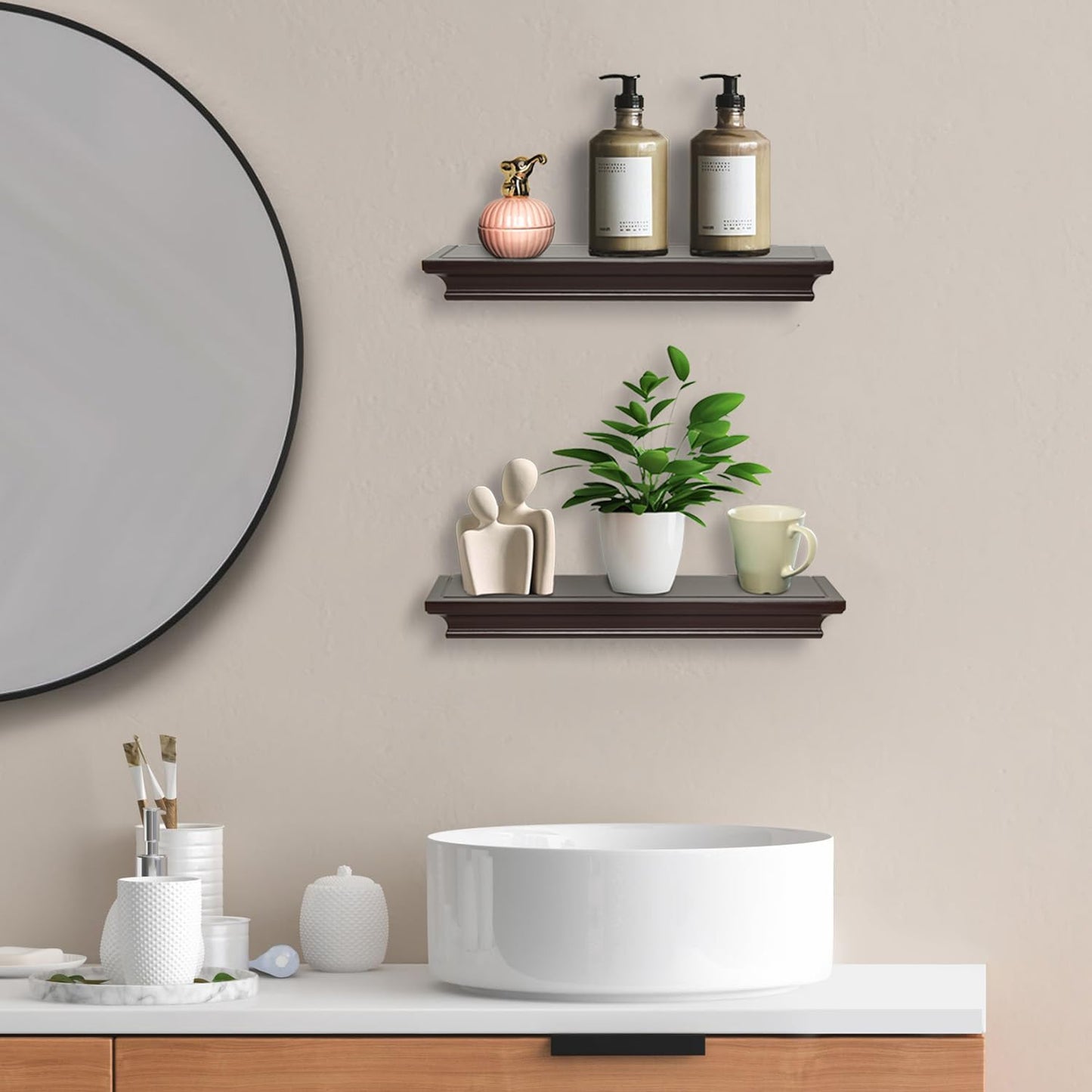 Elegant Floating Shelves, Decorative Wall Shelves for Home Organization and Display in Bedroom, Kitchen, Livingroom and Office, Espresso Brown, Set of 2