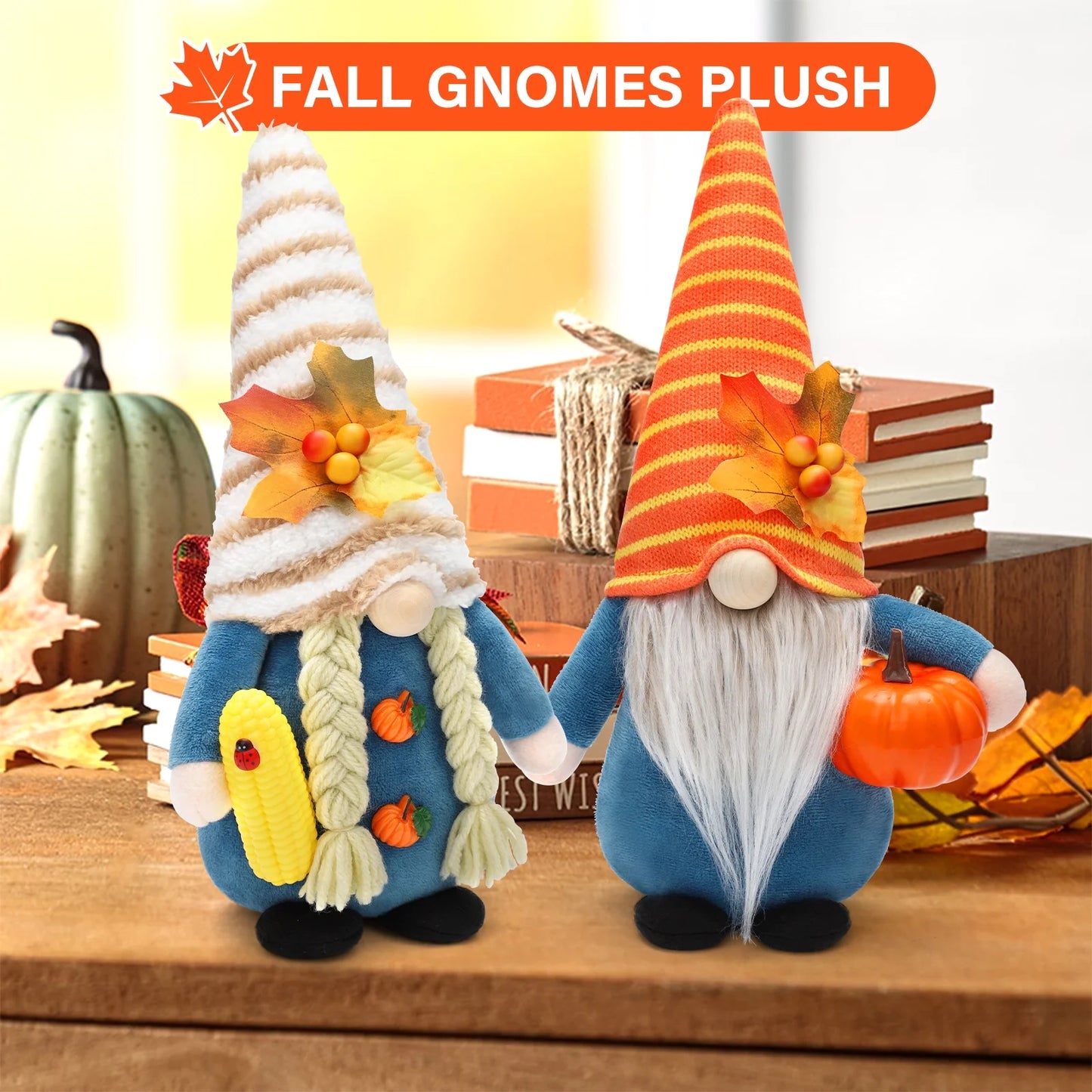 Thanksgiving Gnome Decorations, 2Pack Handmade Fall Harvest Gnome Plush Swedish Gnomes Ornaments with Pumpkin Corn Maple Leaves Thanksgiving Gifts Autumn Holiday Decorations