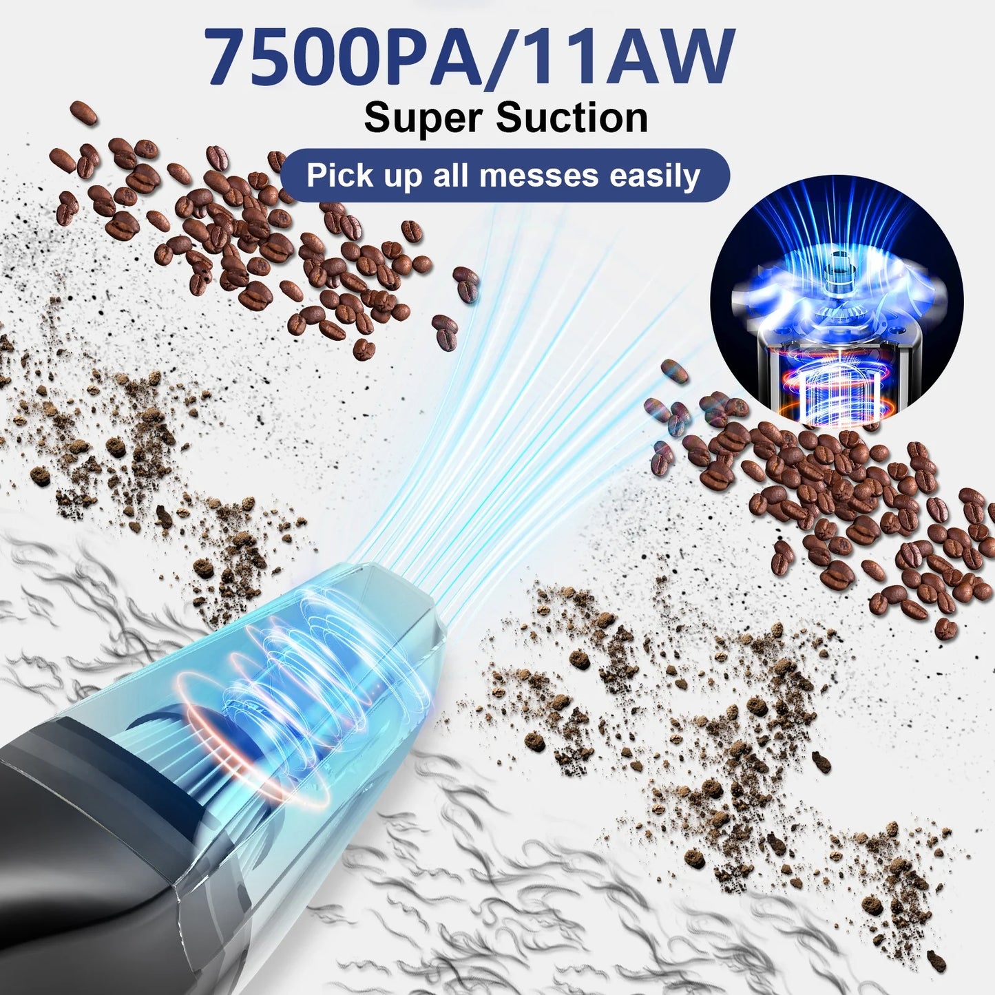 Portable Car Vacuum Cleaner, Cordless Handheld Vacuum 7.5KPA Powerful Wet Dry Vac for Home Car Pet Hair