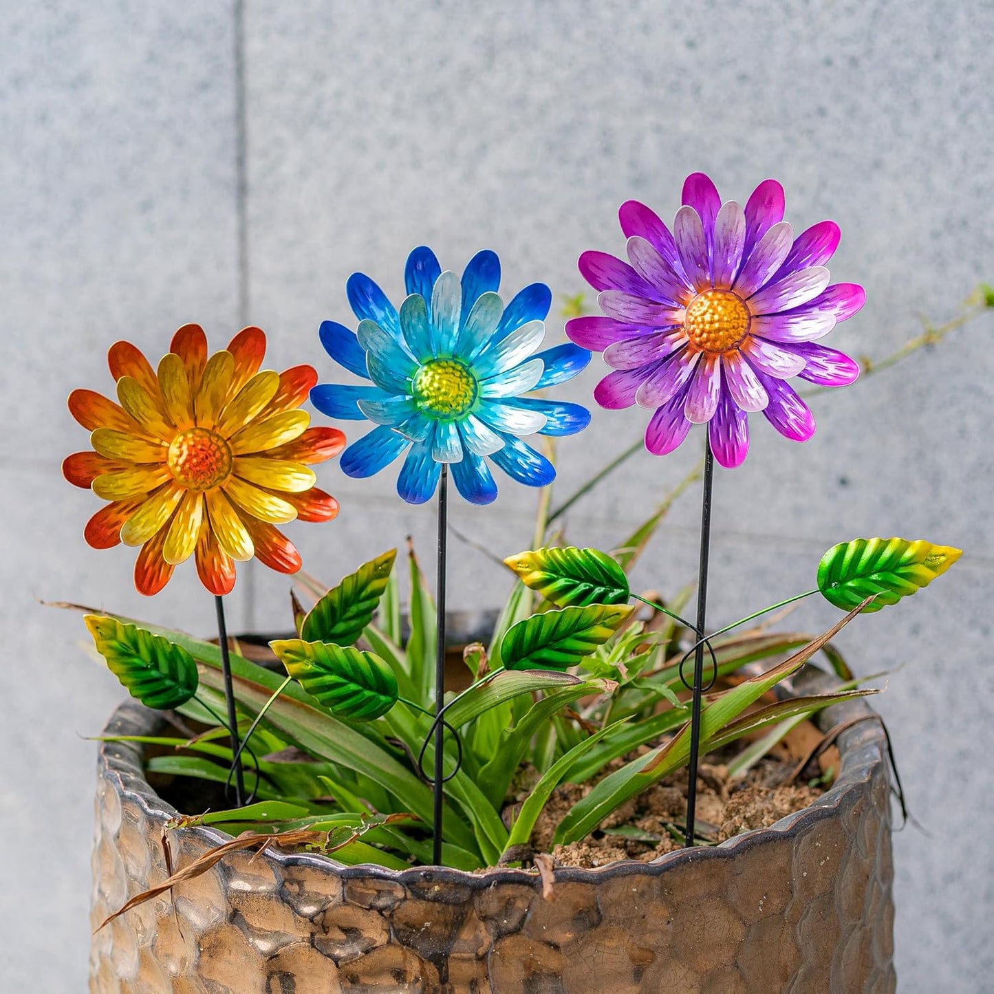 Metal Garden Stakes Outdoor Decor, 3 Pack Waterproof Floral Plant Stakes for Lawn, Patio, Yard - Durable Iron Flower Decorations for Garden, Landscape