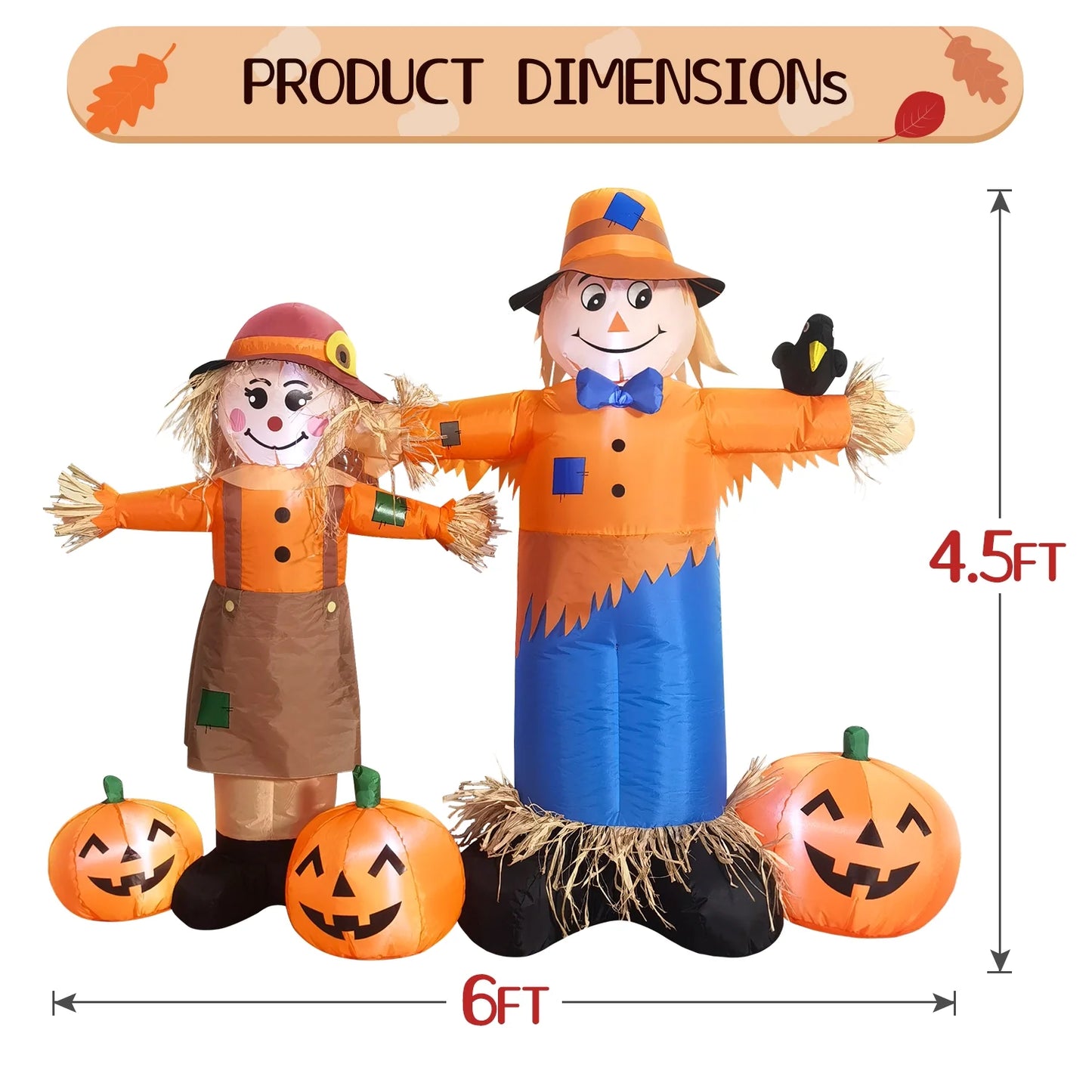 6FT Long Thanksgiving Harvest Inflatable Boy & Girl Scarecrow Outdoor Decoration,Build-In LED Lights Holiday Blow up Yard Decoration for Fall/Thankgiving Party,Garden Yard Lawn Decor
