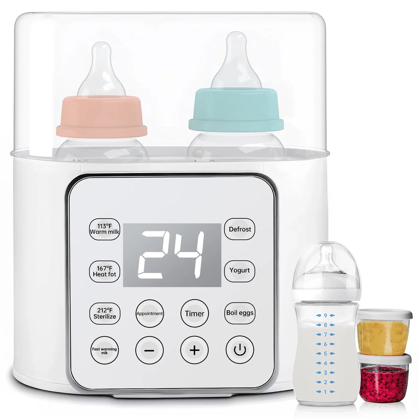 Baby , 9-In-1 Portable with LCD Display, Double Bottles Fast Milk Warmer, White