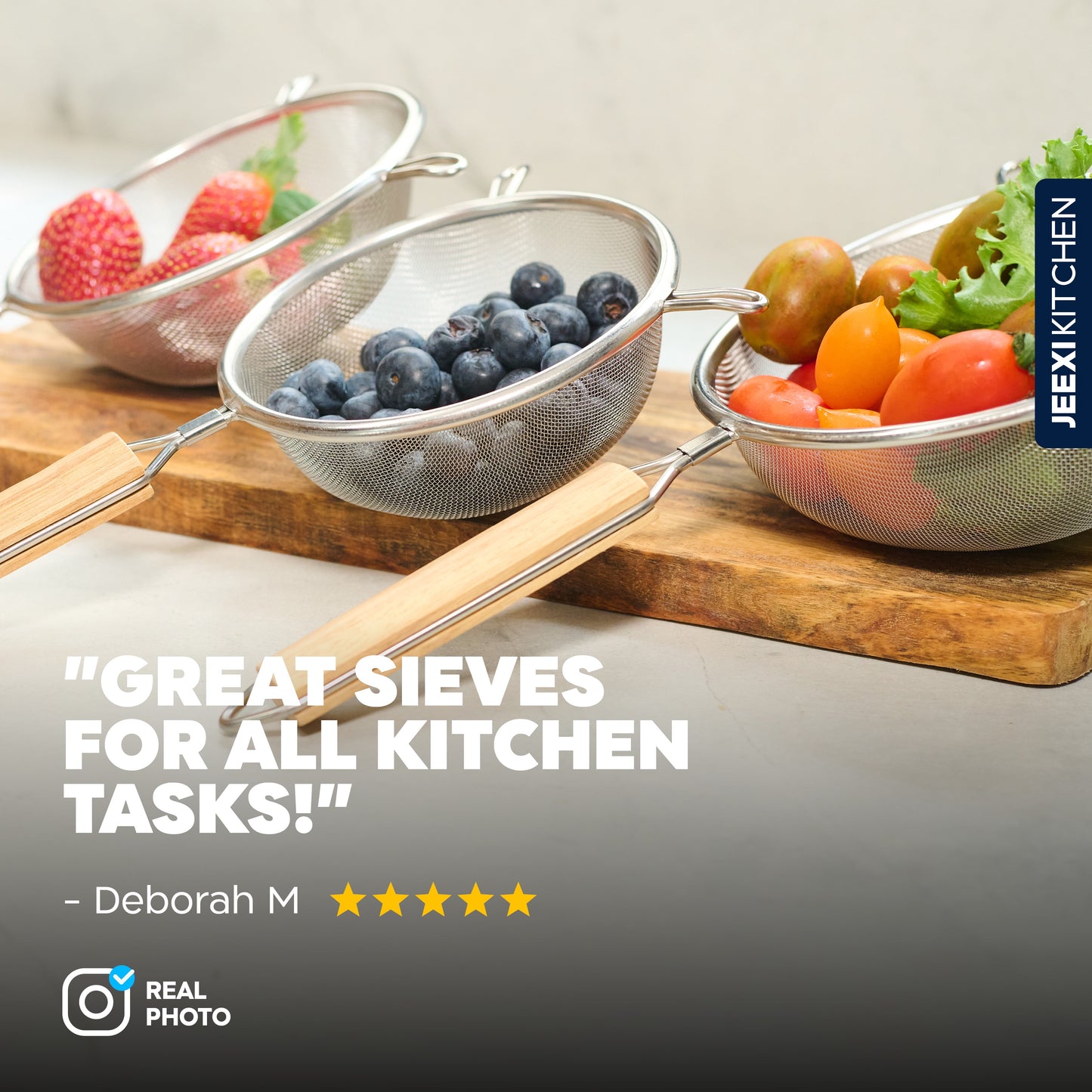 Set of 3 Premium Strainers - Sieve Mesh Extra Fine Stainless Steel Strainers, Wooden Handles, Ideal to Strain Pasta, Quinoa and Rice