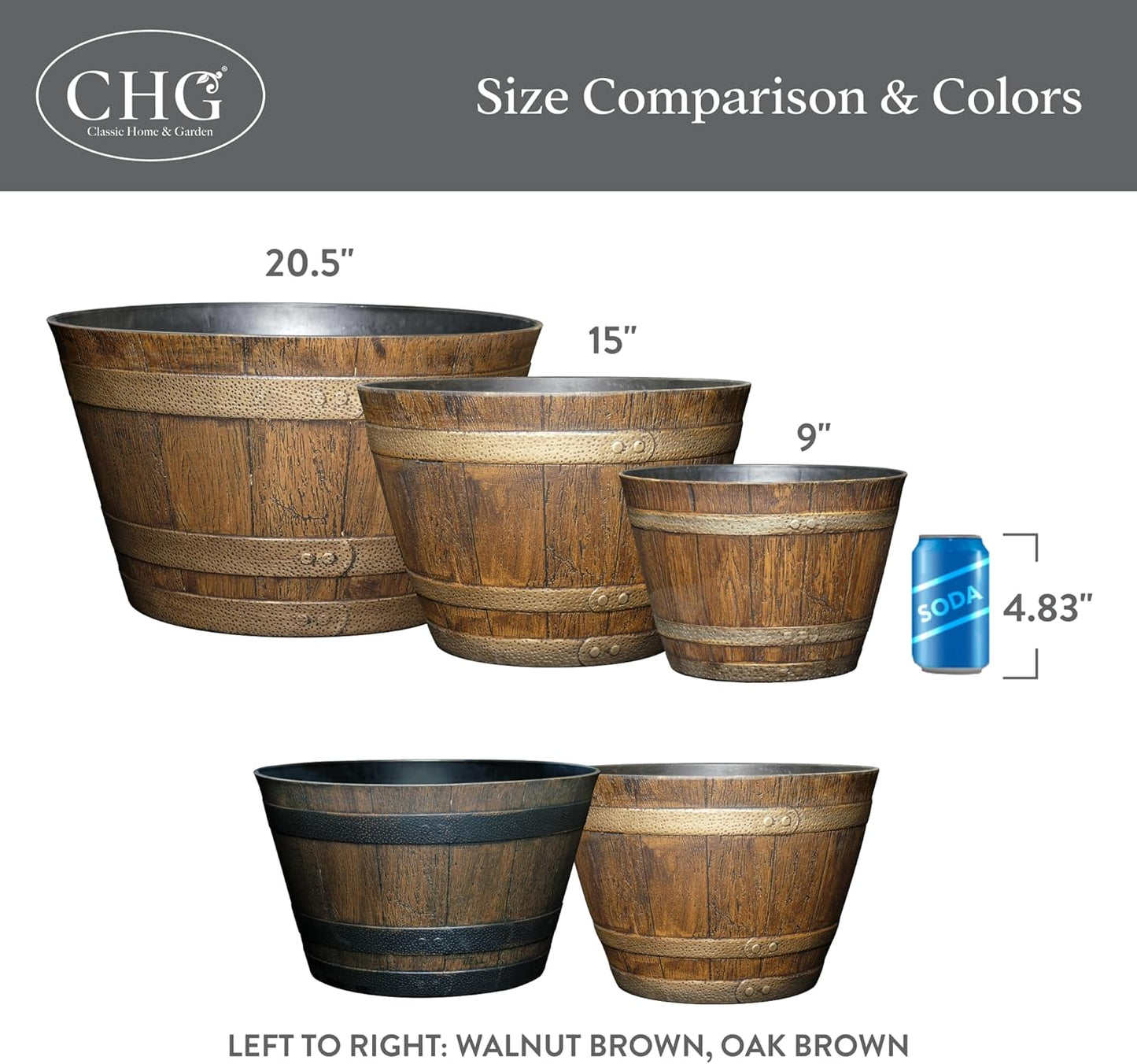 Whiskey Barrel Planters - Wood Finish Flower Planter Pot - Stylish Garden Pots - Indoor & Outdoor Resin Planters - Weather-Resistant Planting Pot (20.5" Kentucky Walnut, 1- Pack)