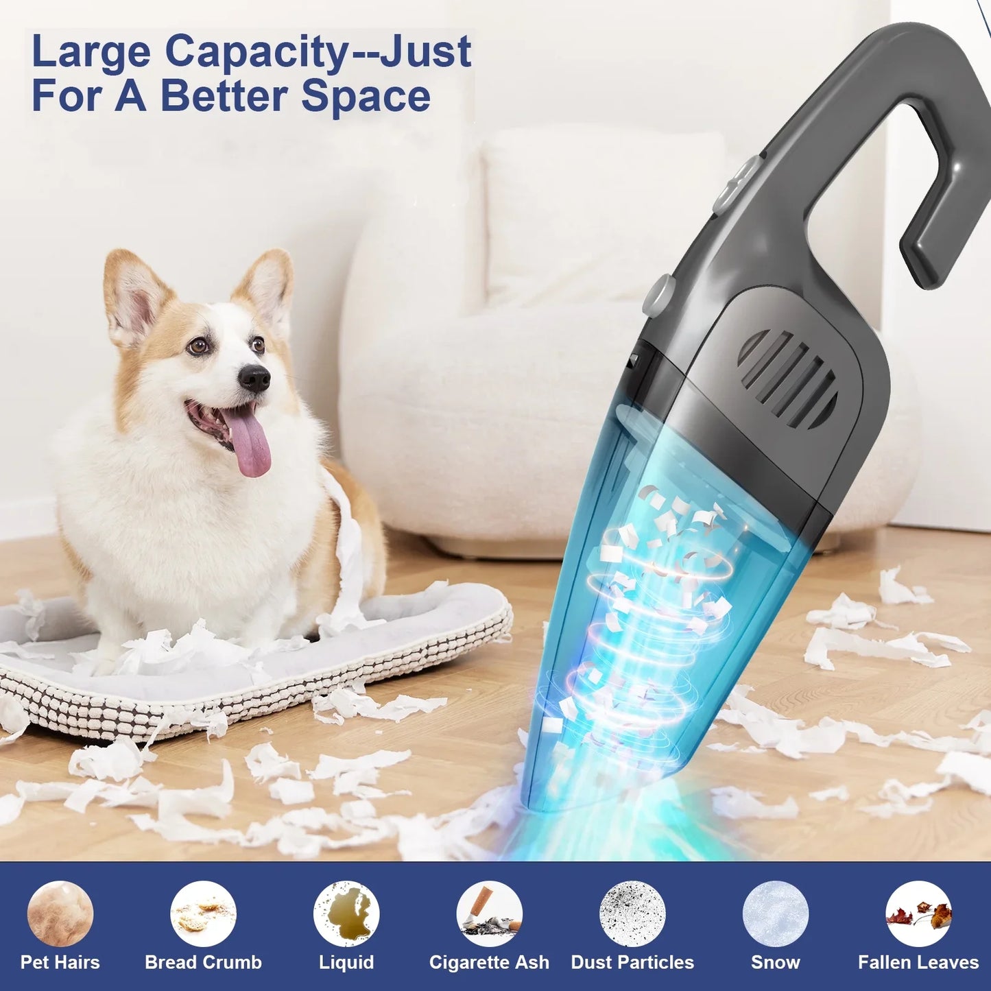 Portable Car Vacuum Cleaner, Cordless Handheld Vacuum 7.5KPA Powerful Wet Dry Vac for Home Car Pet Hair