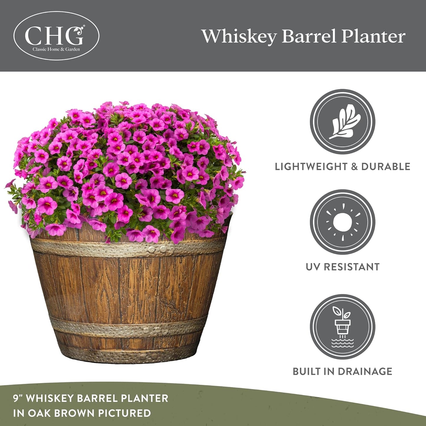 Whiskey Barrel Planters - Wood Finish Flower Planter Pot - Stylish Garden Pots - Indoor & Outdoor Resin Planters - Weather-Resistant Planting Pot (20.5" Kentucky Walnut, 1- Pack)