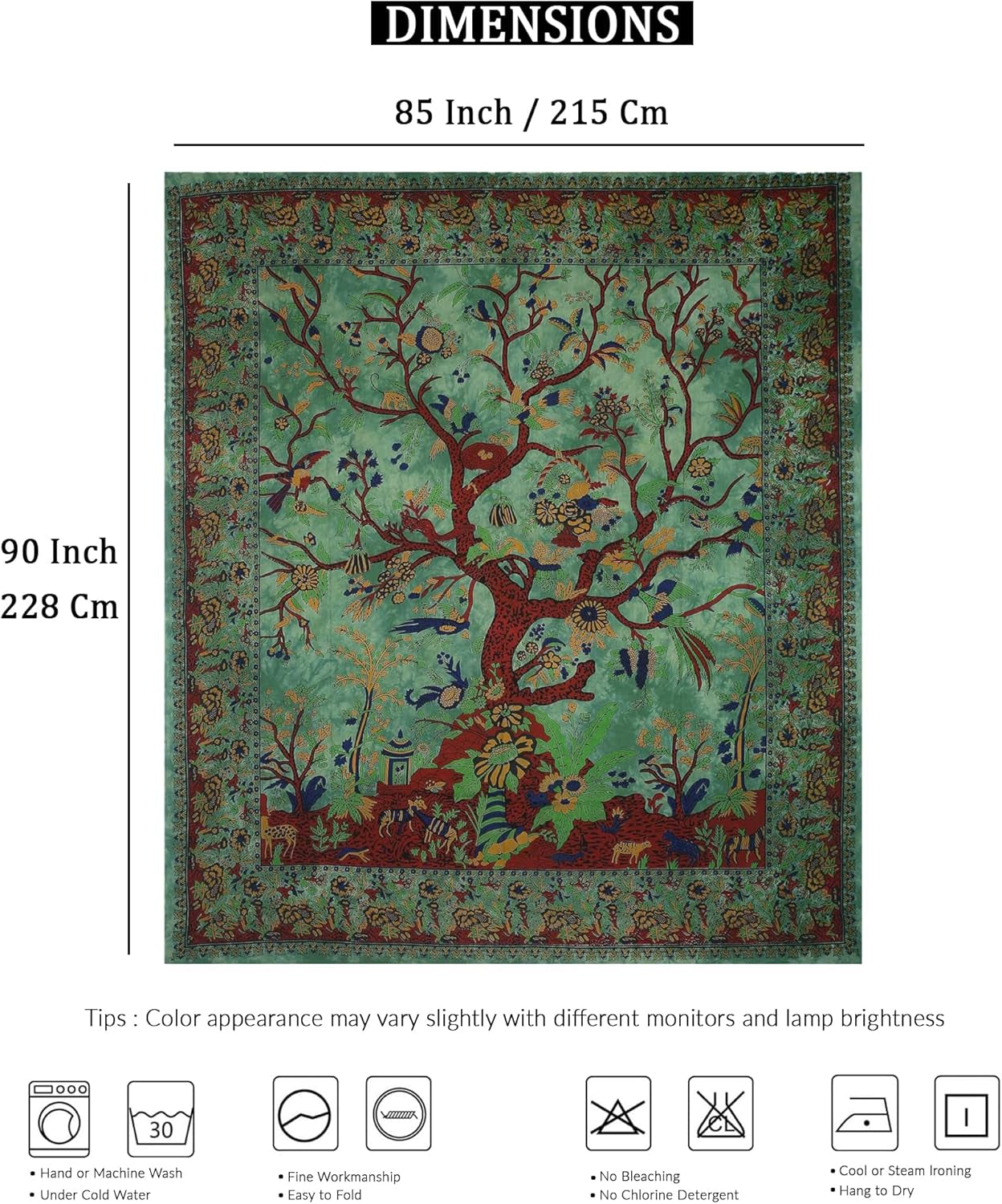 Tapestry Green Tree of Life Wall Hanging – Indian Cotton Full Size Bedspread, Picnic Sheet, Wall Decor, Blanket, Wall Art for Bedroom (Full, 85X90 Inch)