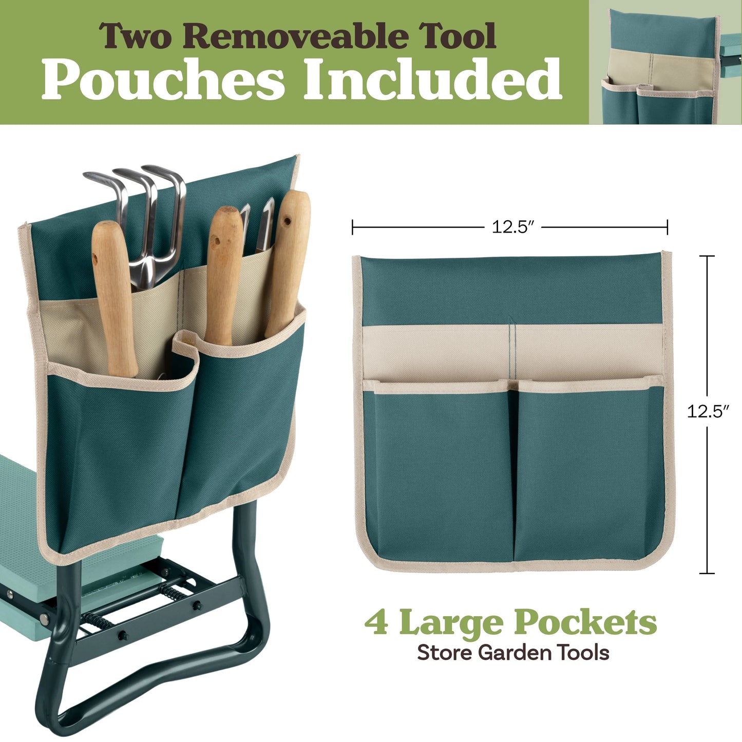 2-In-1 Garden Kneeler & Stool โ Folding Bench with EVA Pad & Tool Pouches, Green/Tan