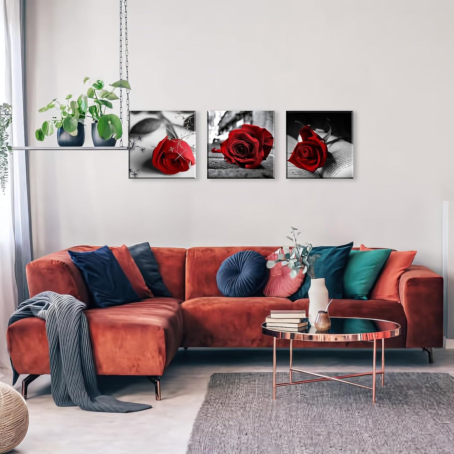3 Pcs Red Rose Canvas Art Black and White Red Wall Art Flower Picture Prints on Canvas Stretched and Framed Triptych 12"X12" Floral Decor Canvas Art for Home Decor Living Room Bedroom