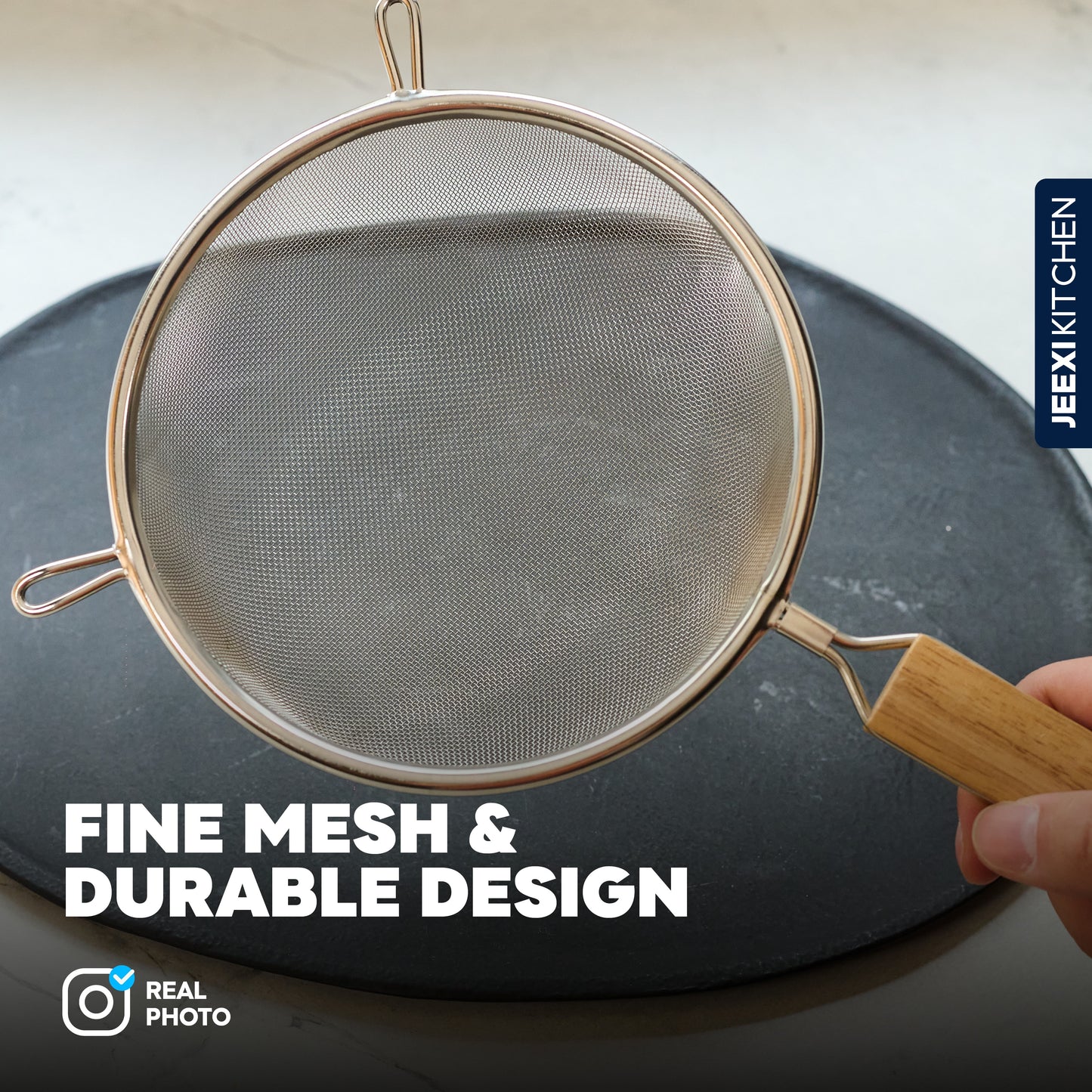 Set of 3 Premium Strainers - Sieve Mesh Extra Fine Stainless Steel Strainers, Wooden Handles, Ideal to Strain Pasta, Quinoa and Rice