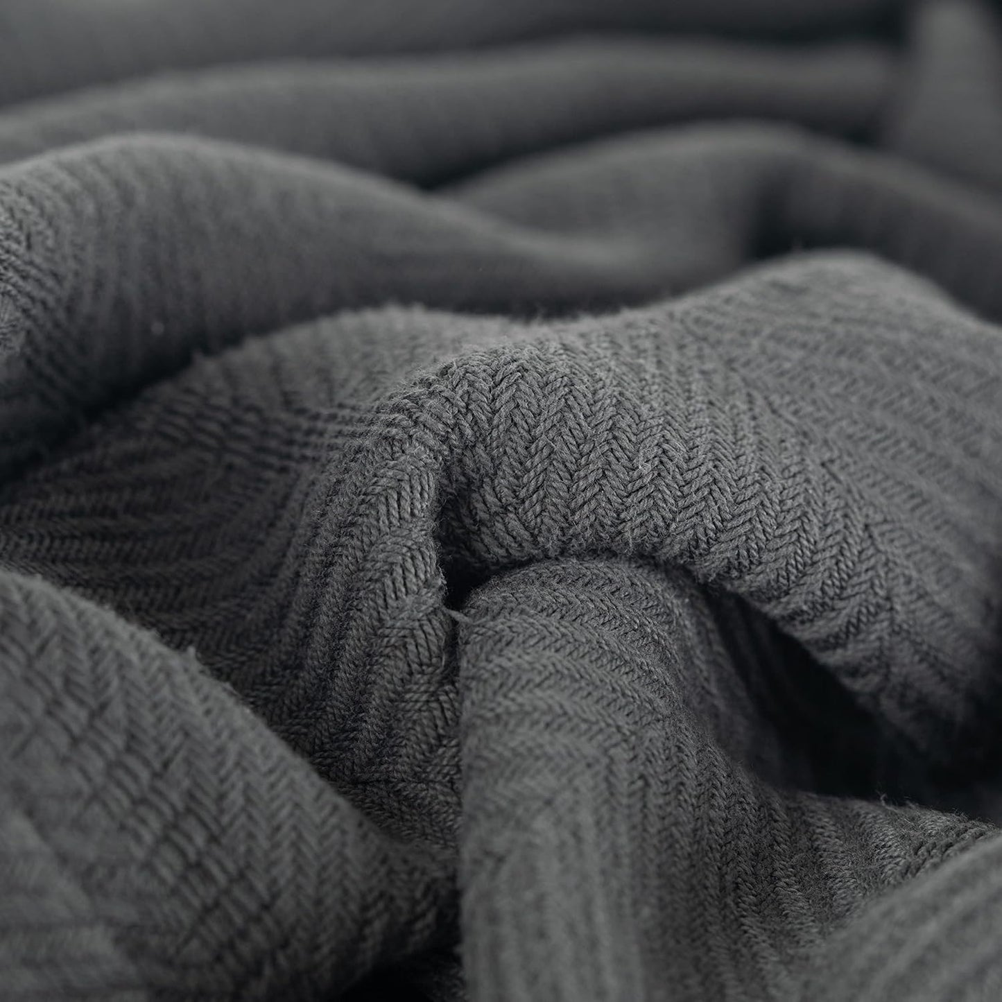 Cotton Throw Blanket, 60 X 50 Inch, Dark Gray Herringbone Weave, Soft Lightweight Woven Blanket for Couch, Boho Farmhouse Style