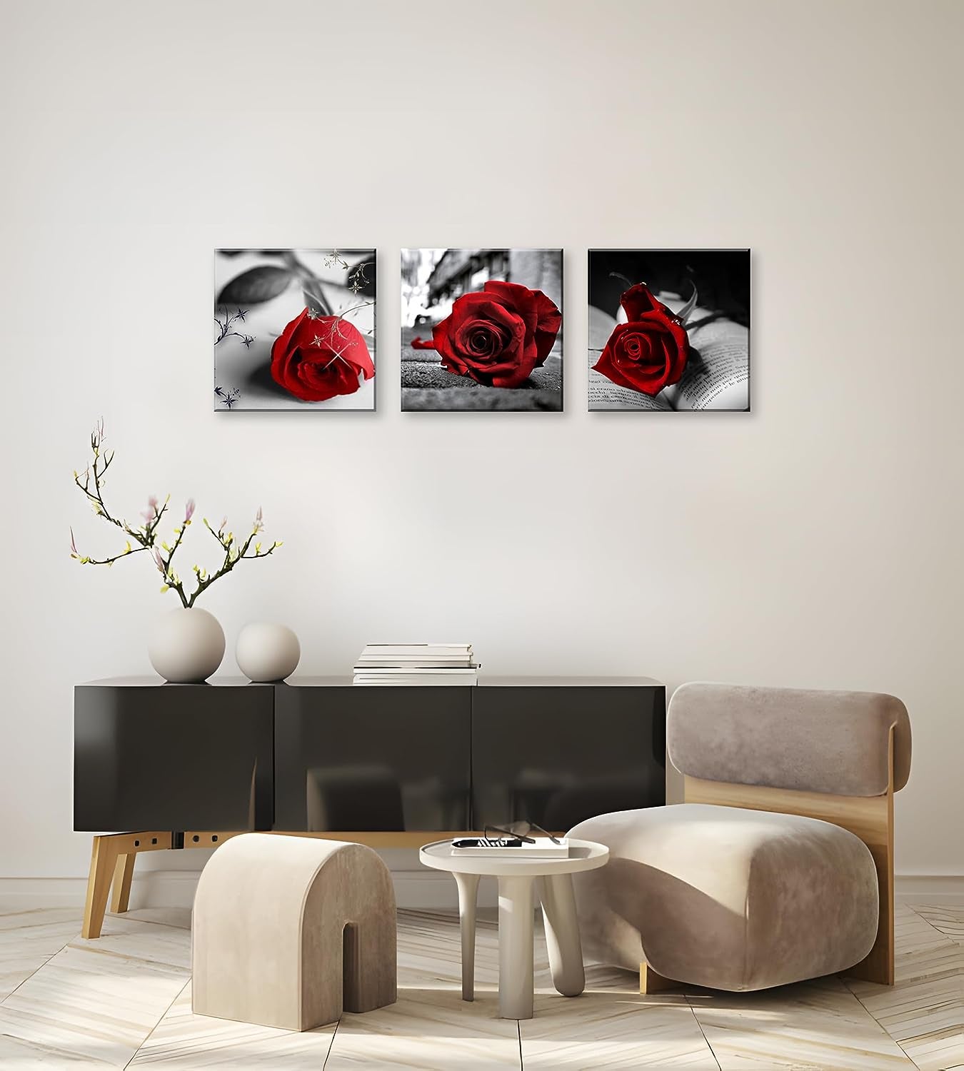 3 Pcs Red Rose Canvas Art Black and White Red Wall Art Flower Picture Prints on Canvas Stretched and Framed Triptych 12"X12" Floral Decor Canvas Art for Home Decor Living Room Bedroom