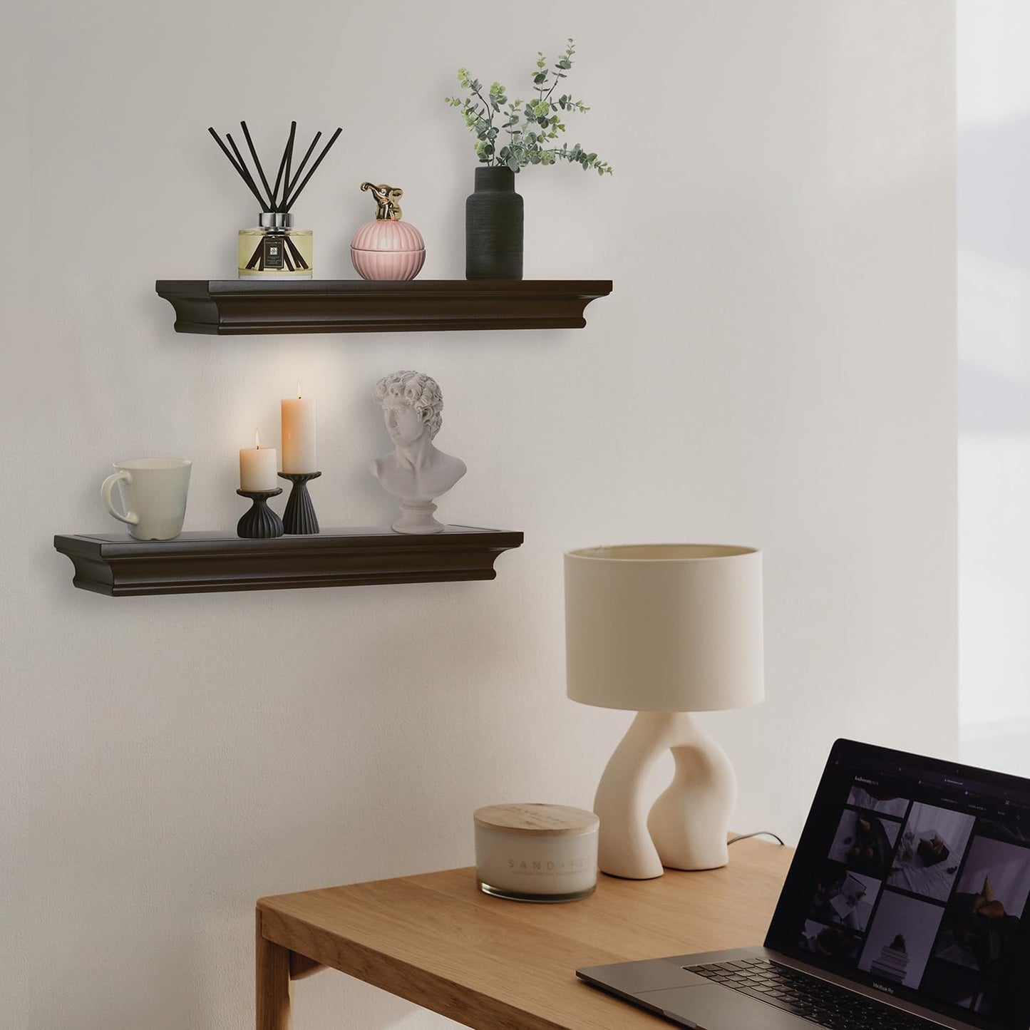 Elegant Floating Shelves, Decorative Wall Shelves for Home Organization and Display in Bedroom, Kitchen, Livingroom and Office, Espresso Brown, Set of 2