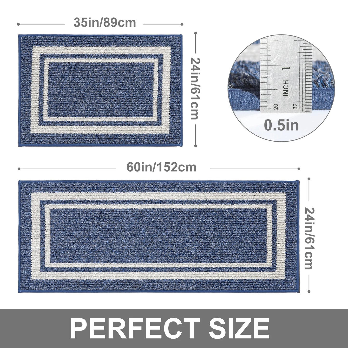 Kitchen Rugs and Mats 2 Pieces, 24"X35"+24"X60", Stain-Resistant and Absorbent Kitchen Mats Non-Slip, Machine Washable Kitchen Floor Mat, Rugs for Kitchen, Floor and Home, Blue