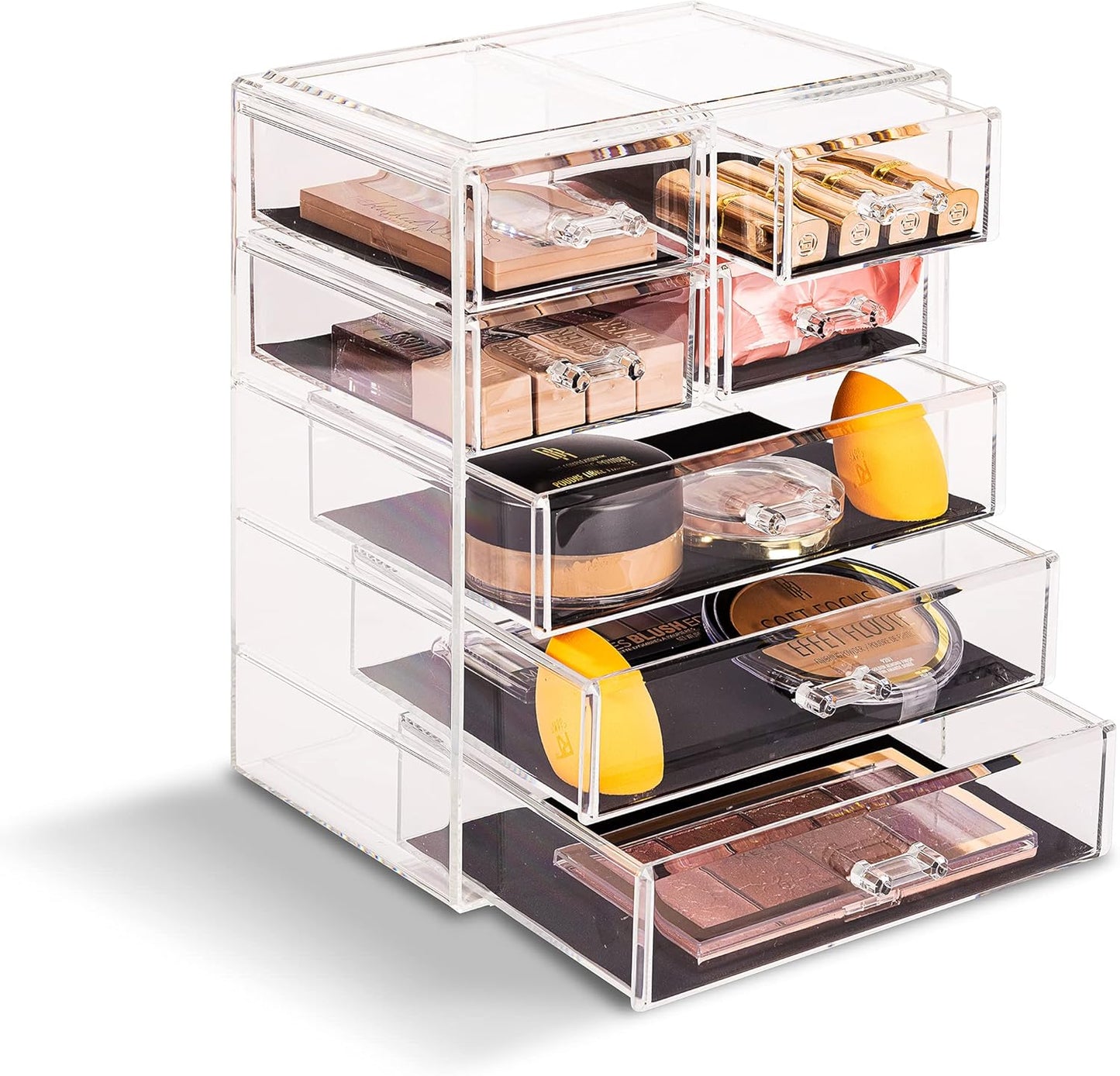 Acrylic Makeup Organizer - Organization and Storage Case for Cosmetics Make up & Jewelry - Big Clear Makeup Organizer for Vanity, Bathroom, College Dorm, Closet, Desk (3 Large, 4 Small Drawers)