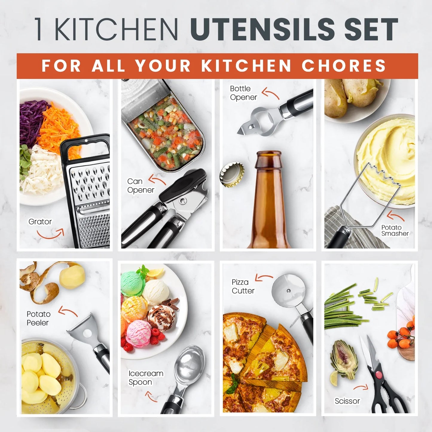 Silicone Kitchen Cooking Utensil Set with Holder, 40Pcs Heat Resistant Set for Nonstick Cookware, Kitchen Gadgets Includes Can Opener, Potato Masher & Peeler, Tongs,Spatulas,Pizza Cutter & More