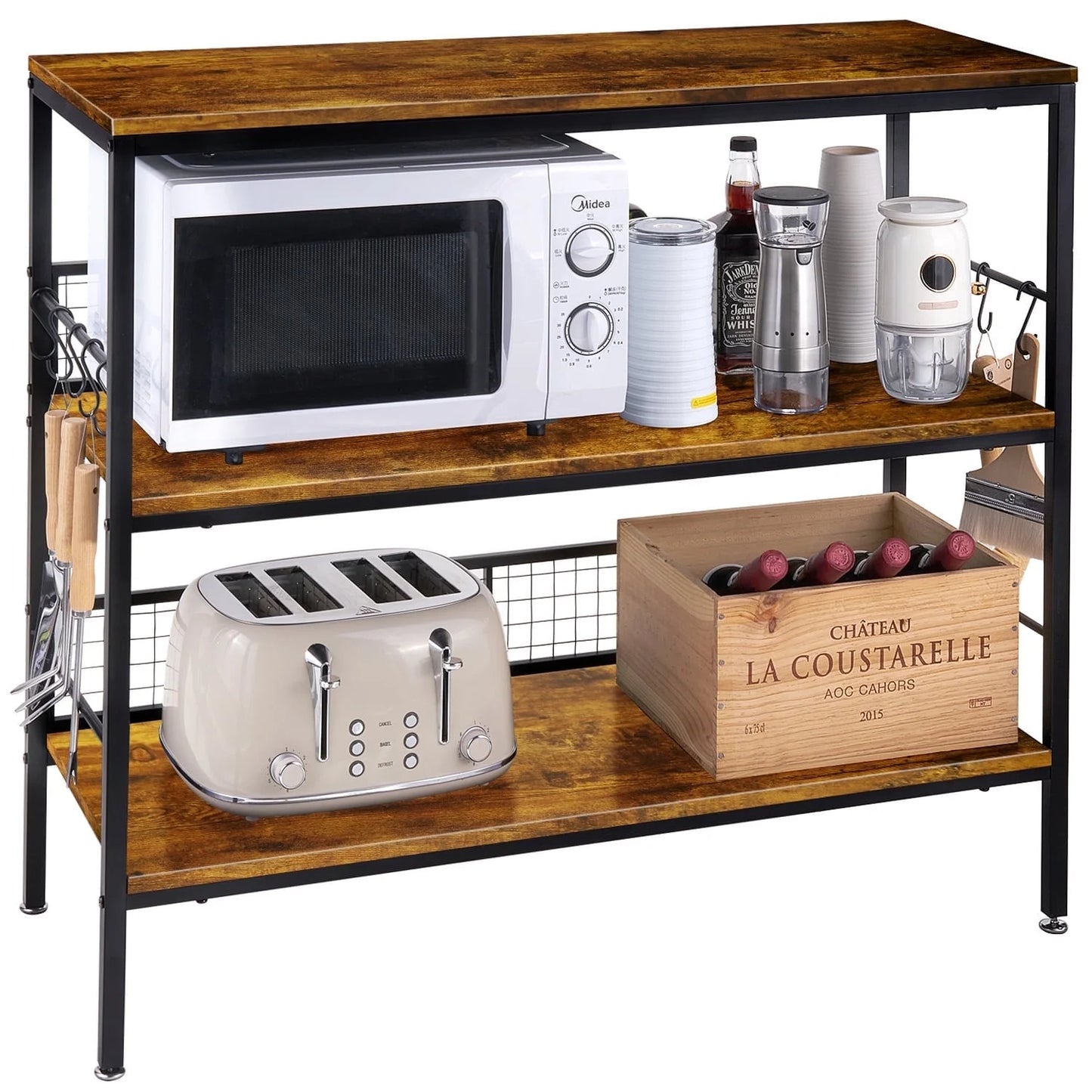 3-Tier Rolling Cart Microwave Stand with 10 Hooks, Coffee Bar Kitchen Storage Rack Organizer, Rustic Brown