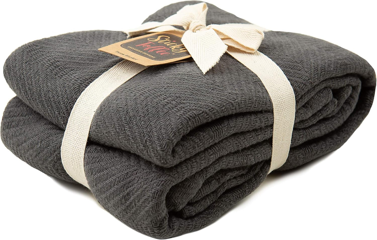 Cotton Throw Blanket, 60 X 50 Inch, Dark Gray Herringbone Weave, Soft Lightweight Woven Blanket for Couch, Boho Farmhouse Style