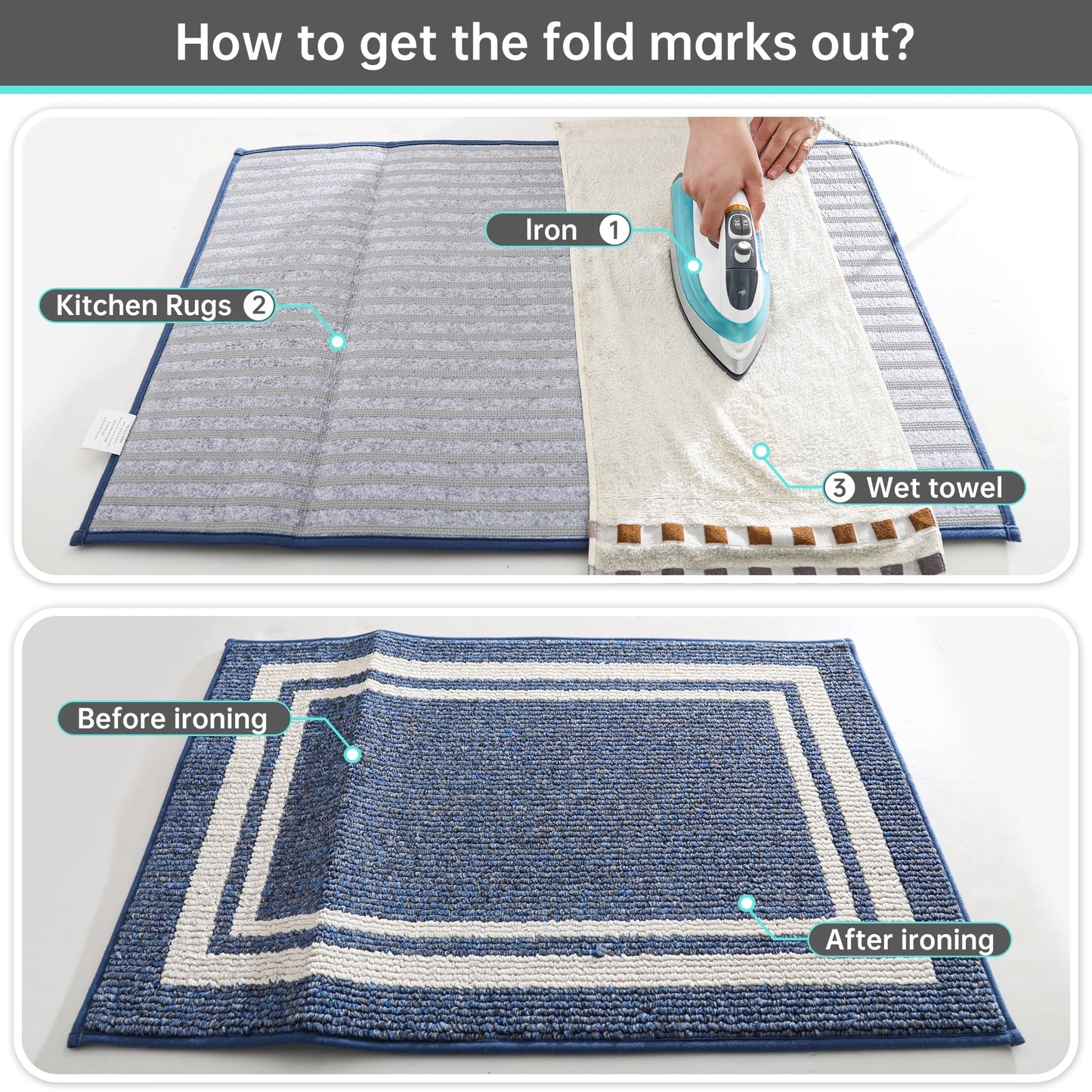 Kitchen Rugs and Mats 2 Pieces, 24"X35"+24"X60", Stain-Resistant and Absorbent Kitchen Mats Non-Slip, Machine Washable Kitchen Floor Mat, Rugs for Kitchen, Floor and Home, Blue