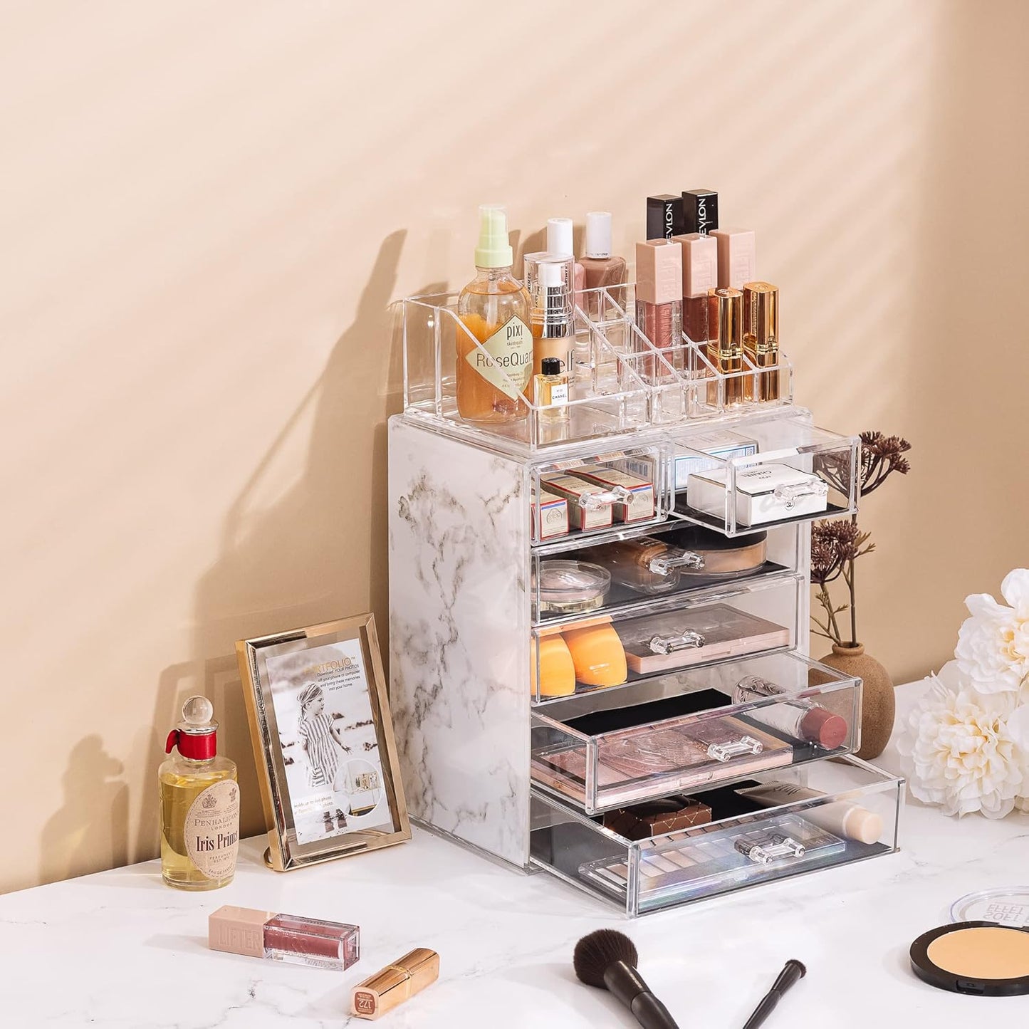 Clear Cosmetic Makeup Organizer - Make up & Jewelry Storage, Case & Display - Spacious Design - Great Holder for Dresser, Bathroom, Vanity & Countertop (4 Large, 2 Small Drawers - Marble Print)