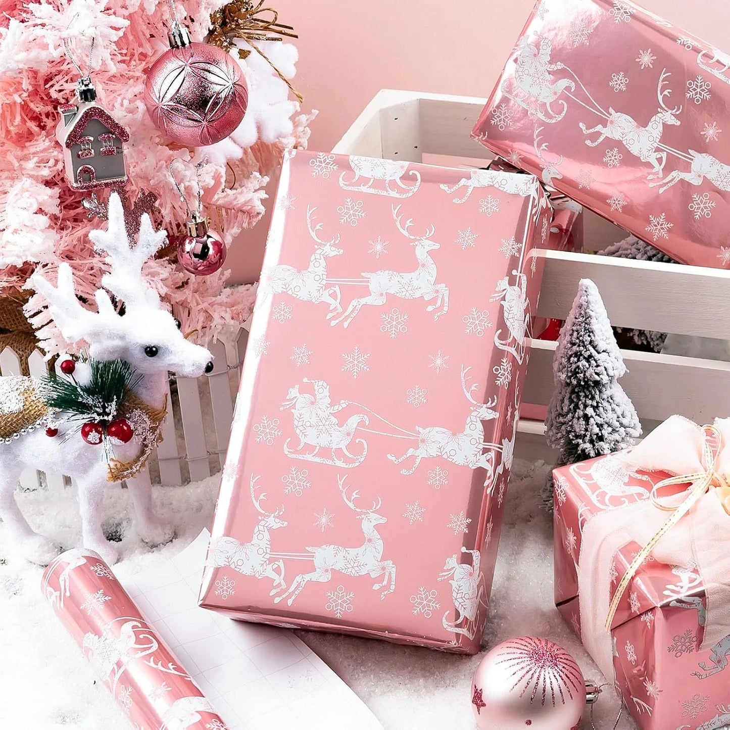Christmas Wrapping Paper Roll - Pink Gift Wrap with Christmas Sleigh Amd Snowflake - Perfect for Christmas - 17 Inch X 33 Feet