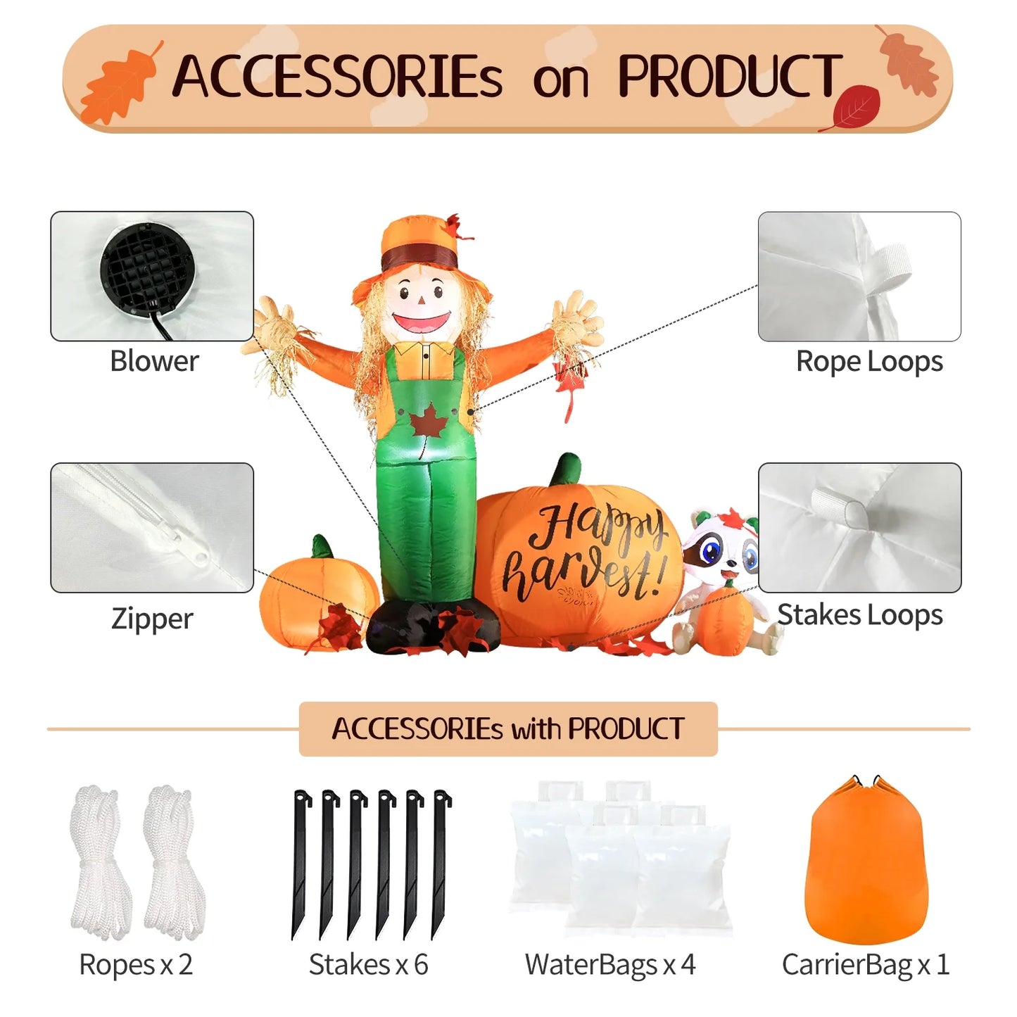 6' Fall Inflatable Scarecrow Banner Decorations, Blow up Thanksgiving Decor Build-In Leds