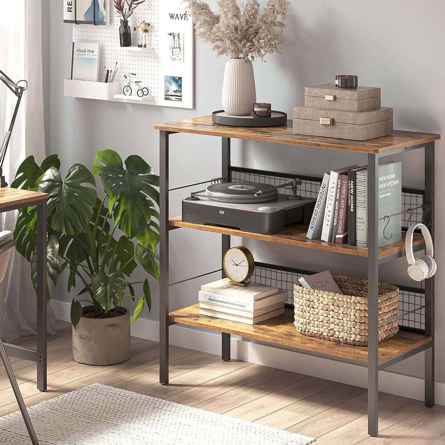 3-Tier Rolling Cart Microwave Stand with 10 Hooks, Coffee Bar Kitchen Storage Rack Organizer, Rustic Brown