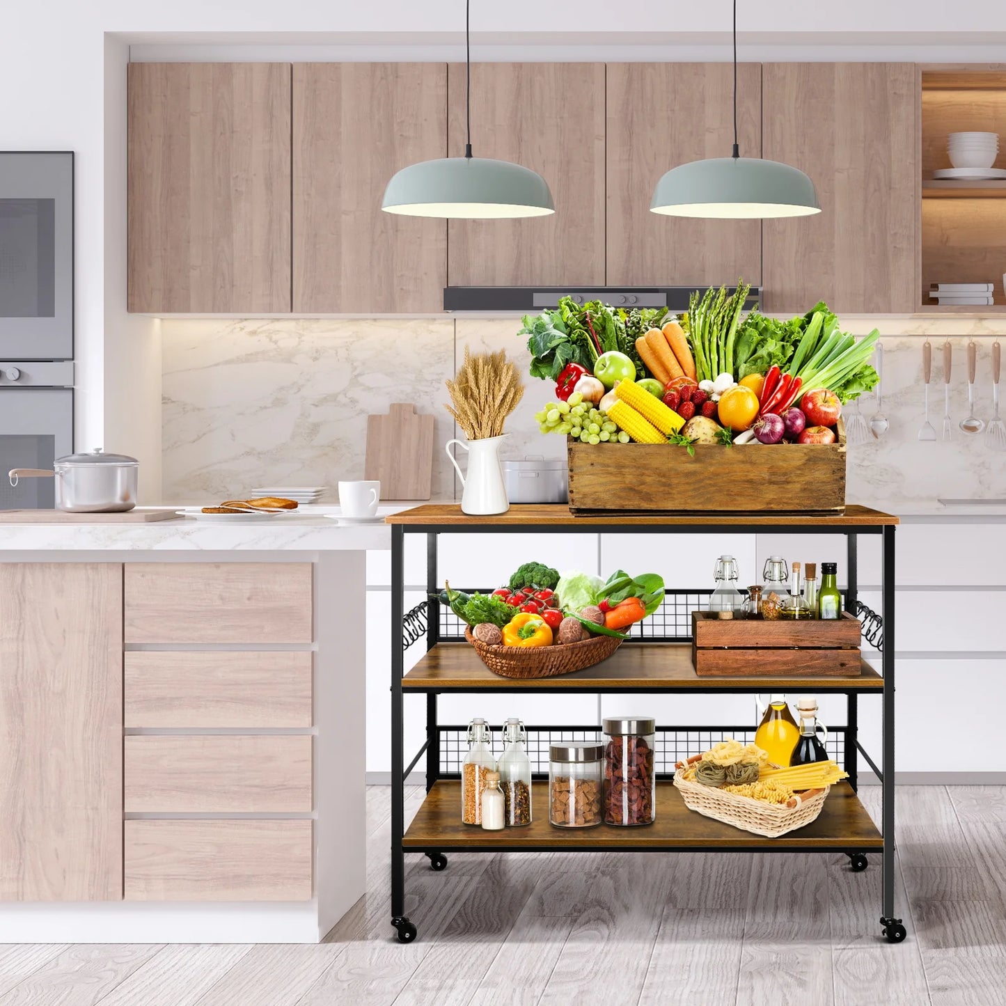 3-Tier Rolling Cart Microwave Stand with 10 Hooks, Coffee Bar Kitchen Storage Rack Organizer, Rustic Brown