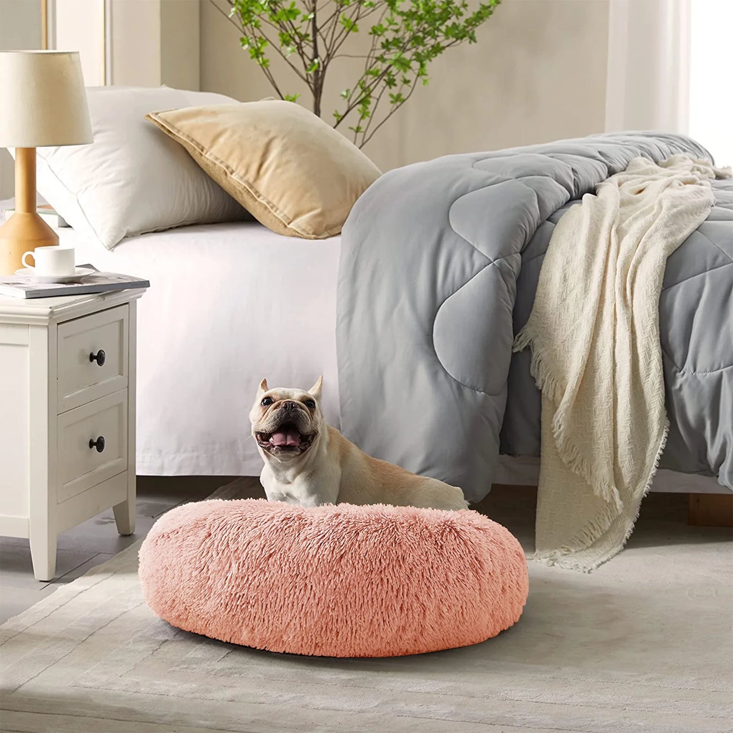 27In Calming Donut Dog Bed Anti-Anxiety, Self Warming, Cozy Soft Plush round Pet Bed Indoor, Ideal for Both Home & Travel, Size 27”X27”X8” Pink