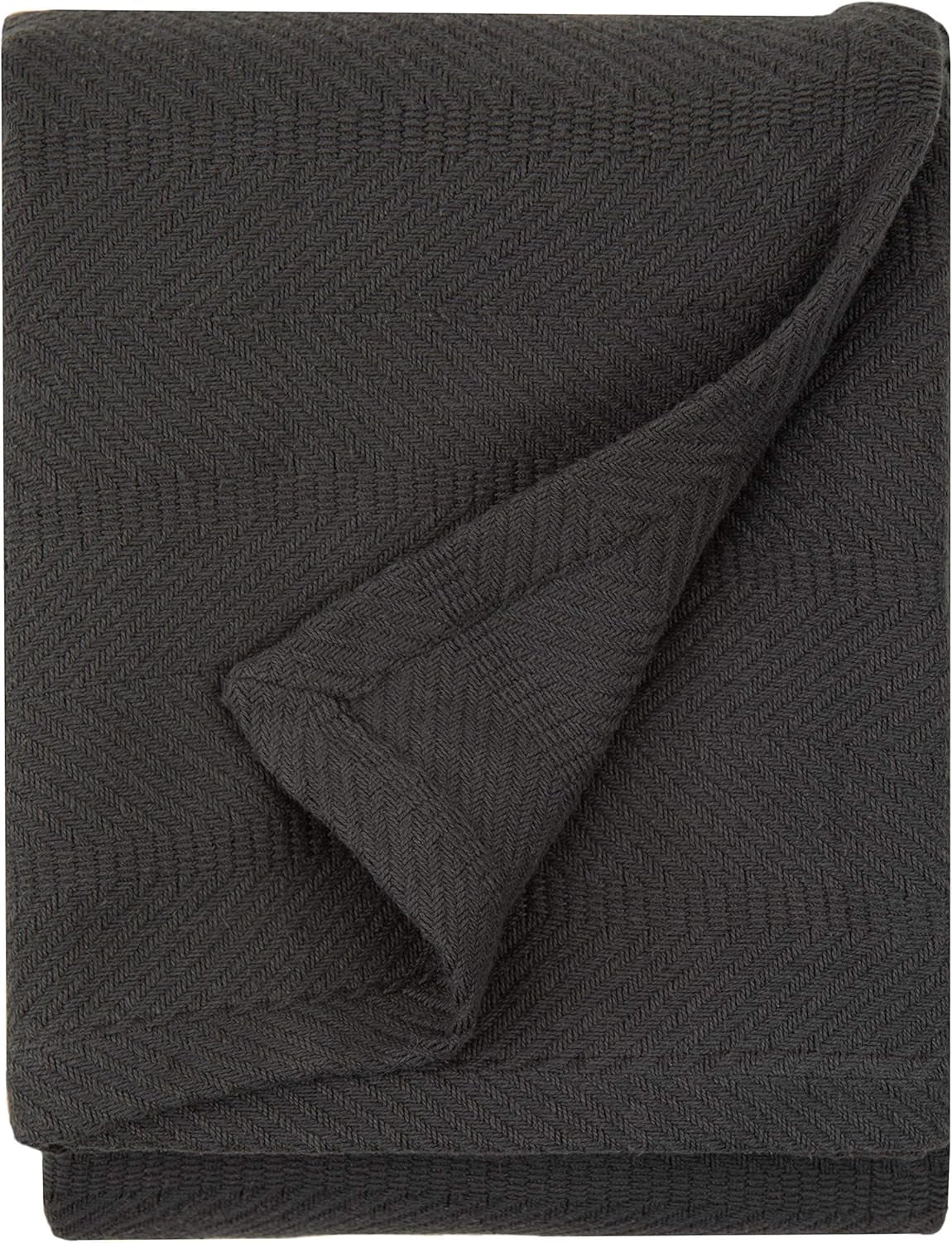 Cotton Throw Blanket, 60 X 50 Inch, Dark Gray Herringbone Weave, Soft Lightweight Woven Blanket for Couch, Boho Farmhouse Style