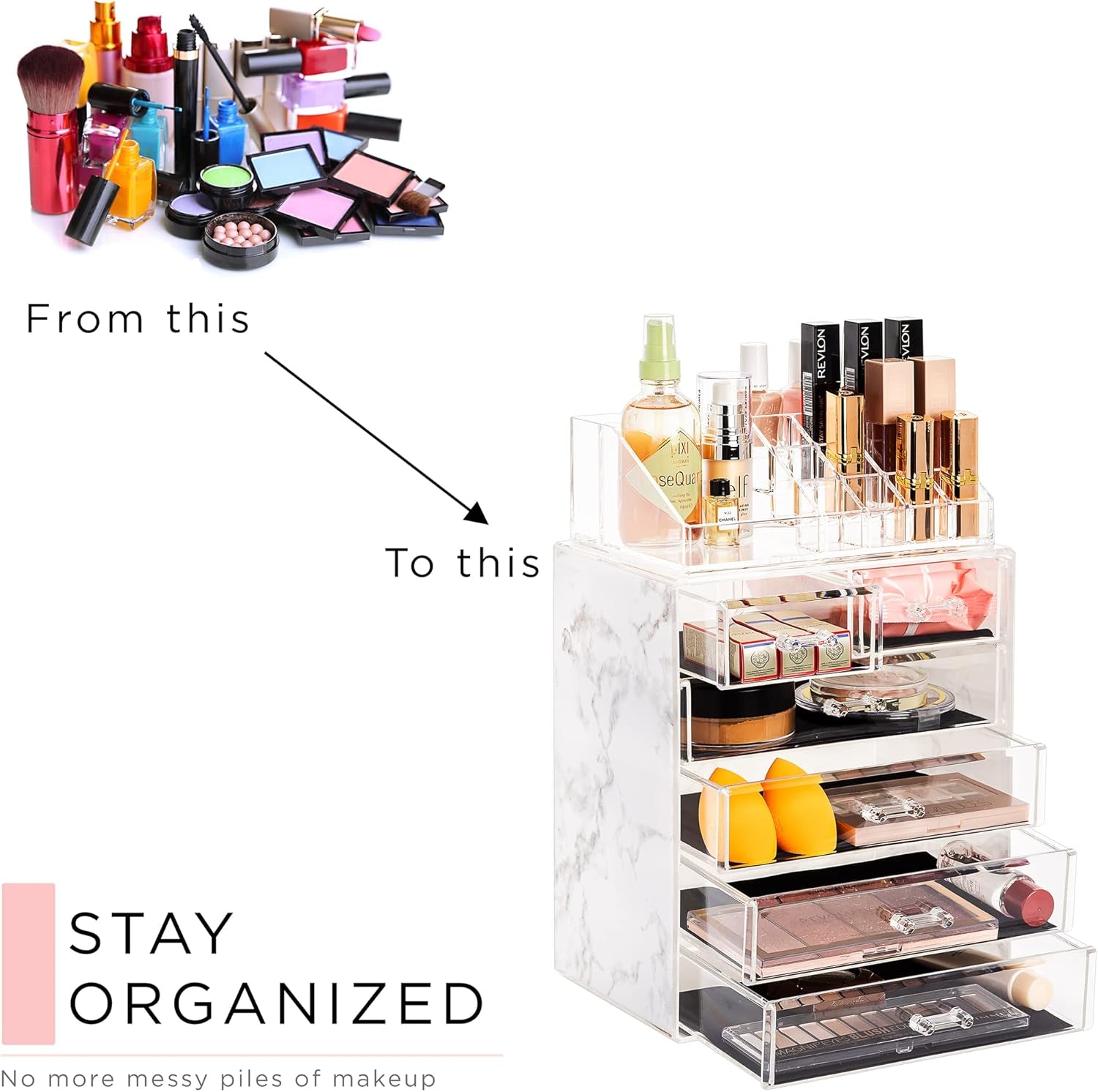 Clear Cosmetic Makeup Organizer - Make up & Jewelry Storage, Case & Display - Spacious Design - Great Holder for Dresser, Bathroom, Vanity & Countertop (4 Large, 2 Small Drawers - Marble Print)