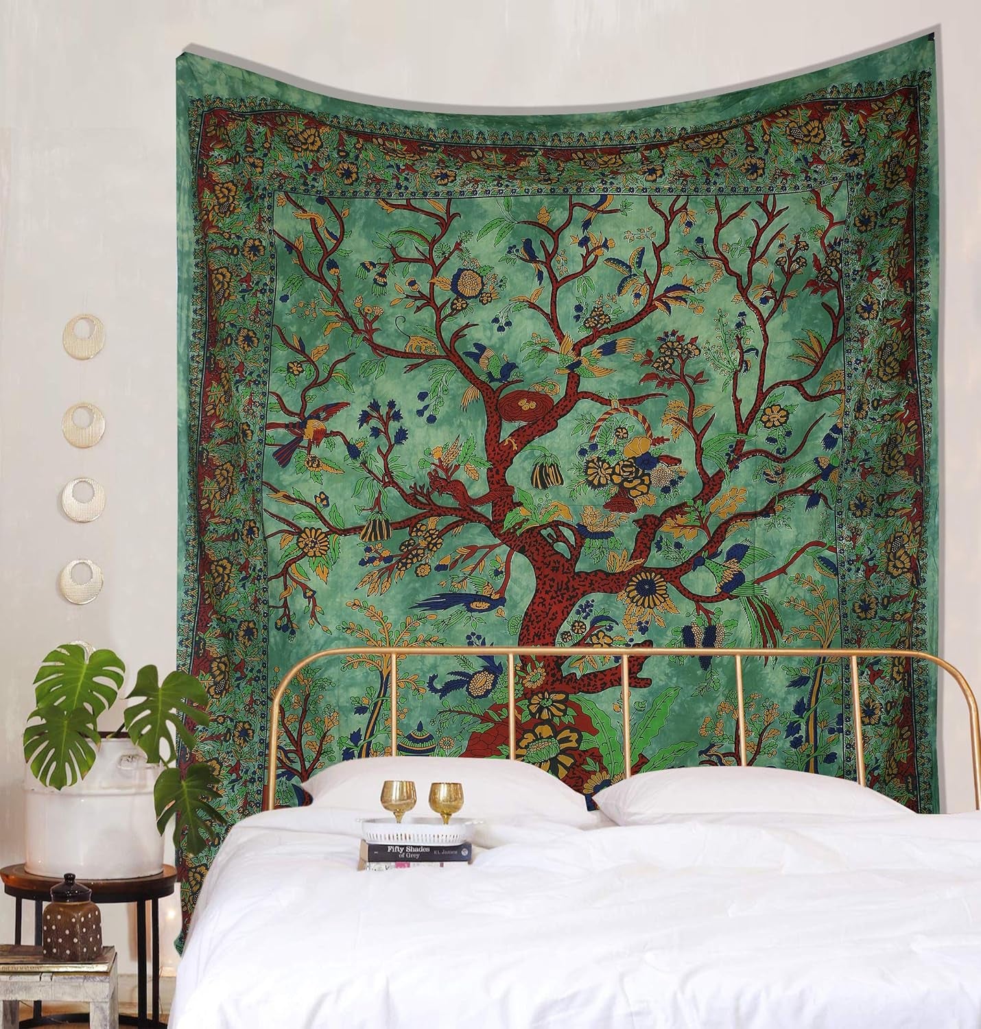 Tapestry Green Tree of Life Wall Hanging – Indian Cotton Full Size Bedspread, Picnic Sheet, Wall Decor, Blanket, Wall Art for Bedroom (Full, 85X90 Inch)