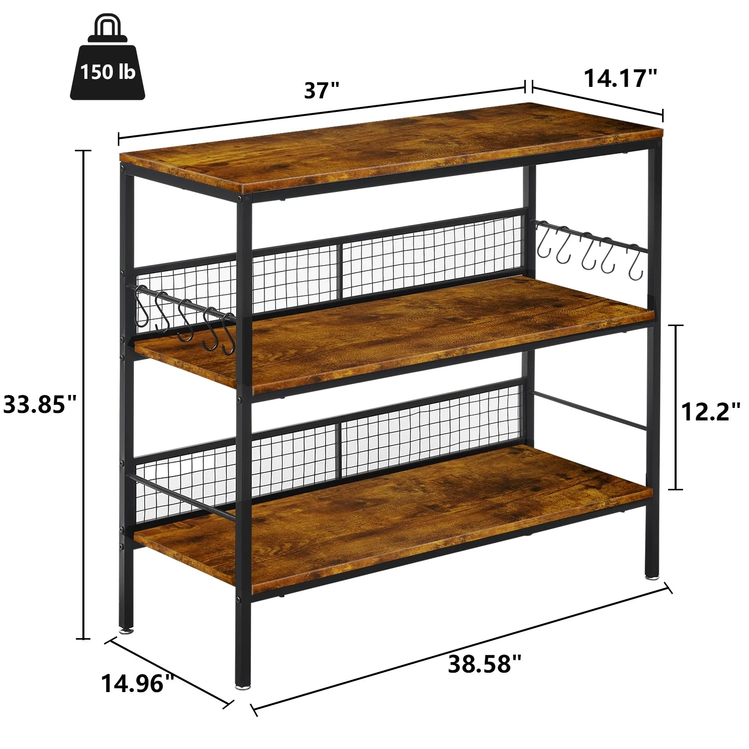 3-Tier Rolling Cart Microwave Stand with 10 Hooks, Coffee Bar Kitchen Storage Rack Organizer, Rustic Brown