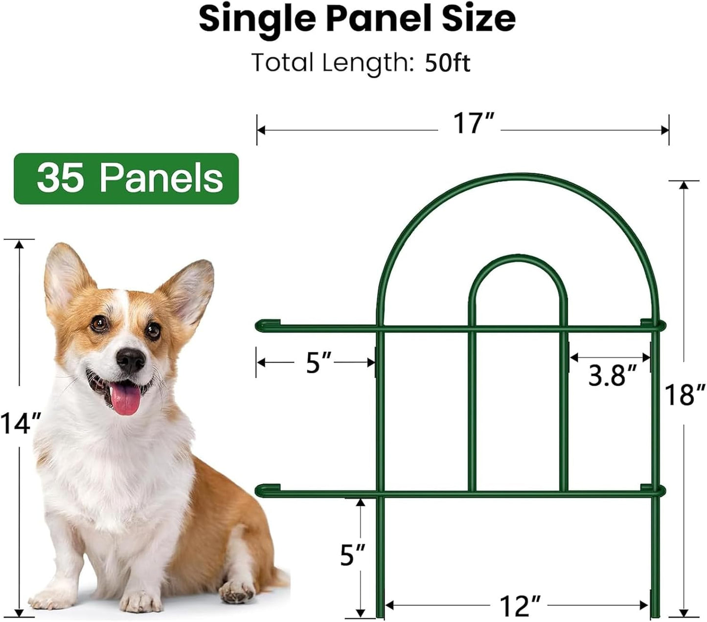 35Panels 18In(H)×50Ft(L) Decorative Garden Fences and Borders for Dogs Fencing Animal Barrier No Dig Rustproof Metal Fence Panels for Flower Bed Fence Green