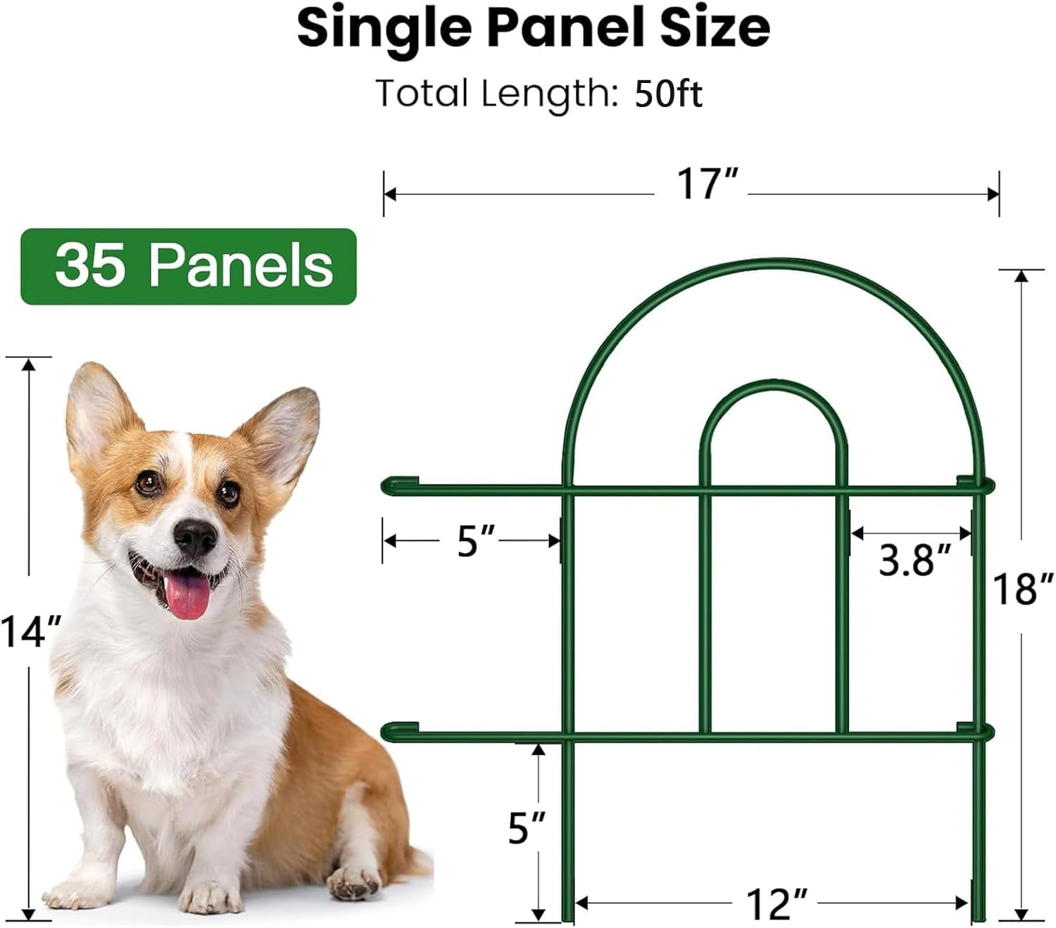 35Panels 18In(H)×50Ft(L) Decorative Garden Fences and Borders for Dogs Fencing Animal Barrier No Dig Rustproof Metal Fence Panels for Flower Bed Fence Green
