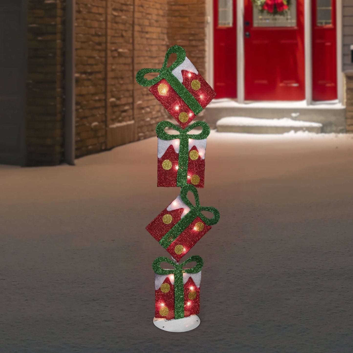 Lighted Tinsel Stacked Gift Boxes Outdoor Christmas Decoration - 44" - Clear Lights
