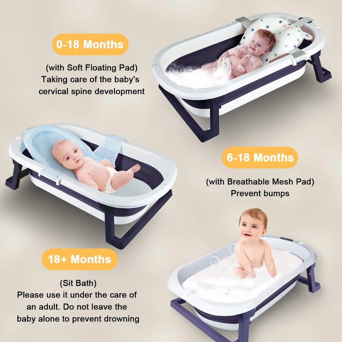 Folding Baby Bathtub, Infant Bath Tub with anti Slip Pad, Boys, Blue W/Net Pad