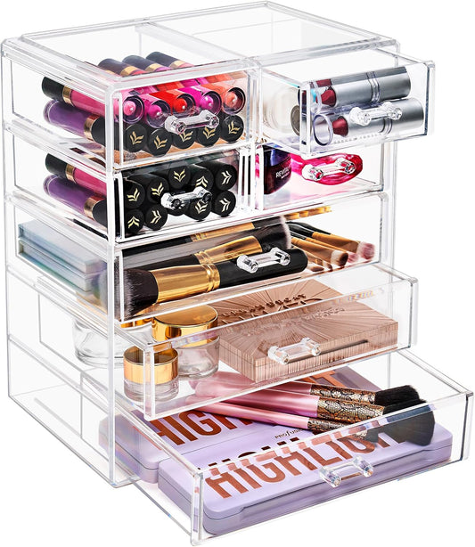 Acrylic Makeup Organizer - Organization and Storage Case for Cosmetics Make up & Jewelry - Big Clear Makeup Organizer for Vanity, Bathroom, College Dorm, Closet, Desk (3 Large, 4 Small Drawers)