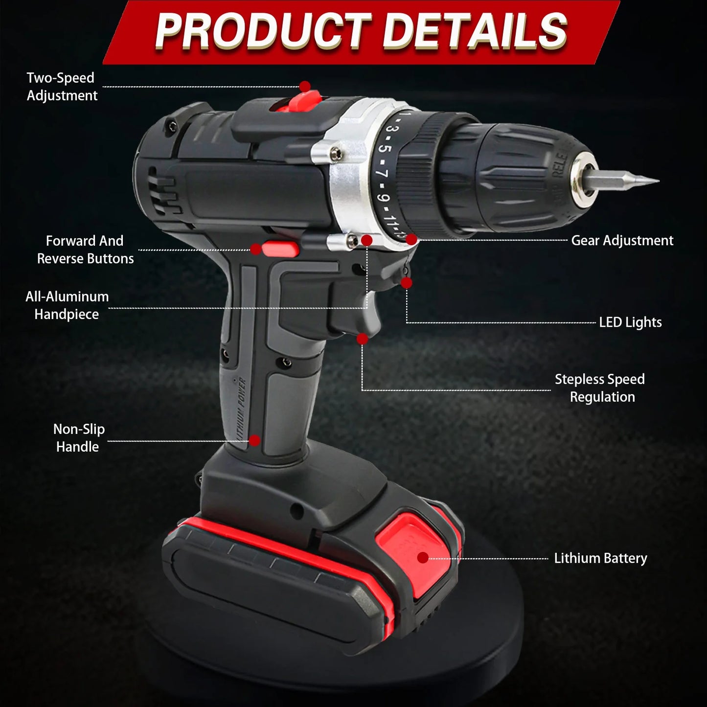 21V Power Drill with 2 Batteries and Charger, Multi-Functional Electric Cordless Drill Set Kit, Portable and Variable Speed, Black
