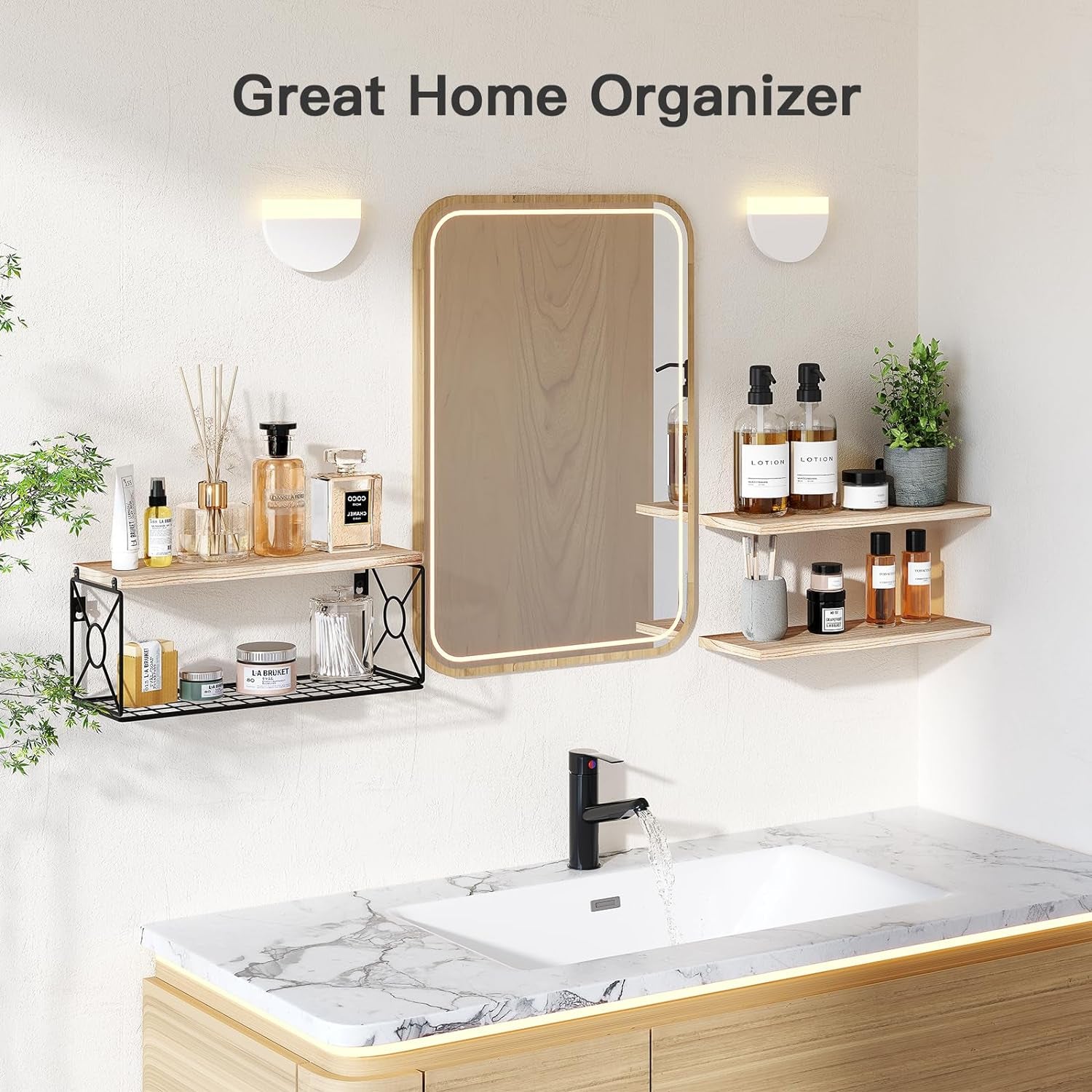 Amada Bathroom Shelves over Toilet with Storage Basket, Floating Shelves Wall Shelves for Home Organization & Wall Decor, Bathroom/Kitchen/Living Room Shelves–Natural Wood
