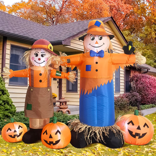 6FT Long Thanksgiving Harvest Inflatable Boy & Girl Scarecrow Outdoor Decoration，Build-In LED Lights Holiday Blow up Yard Decoration for Fall/Thankgiving Party,Garden Yard Lawn Decor