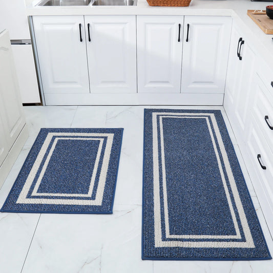 Kitchen Rugs and Mats 2 Pieces, 24"X35"+24"X60", Stain-Resistant and Absorbent Kitchen Mats Non-Slip, Machine Washable Kitchen Floor Mat, Rugs for Kitchen, Floor and Home, Blue