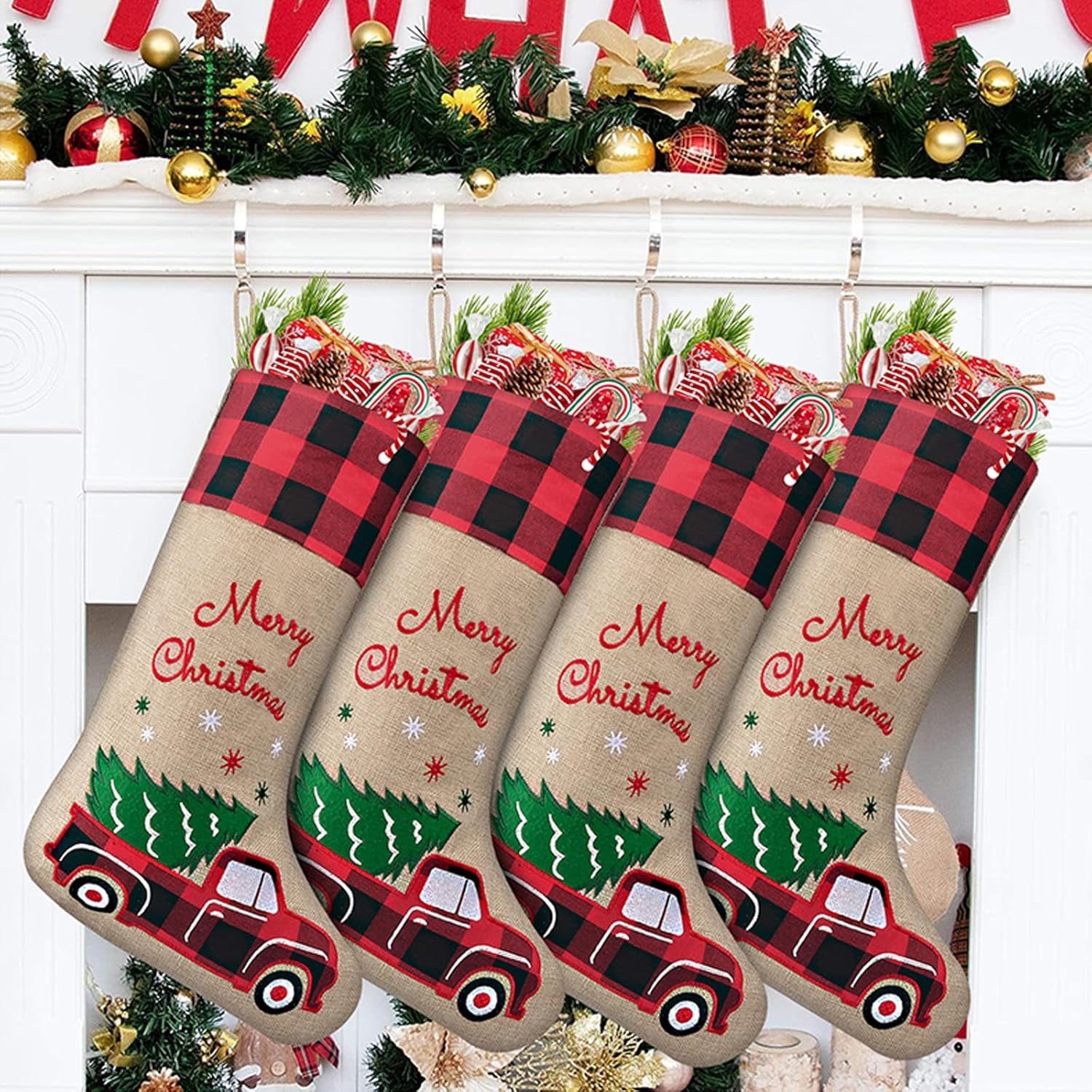 Burlap Christmas Stockings with Red Truck Xmas Decor 2 Pack, Buffalo Plaid Christmas Stockings 18-Inch Red Truck Christmas Ornaments Decorations